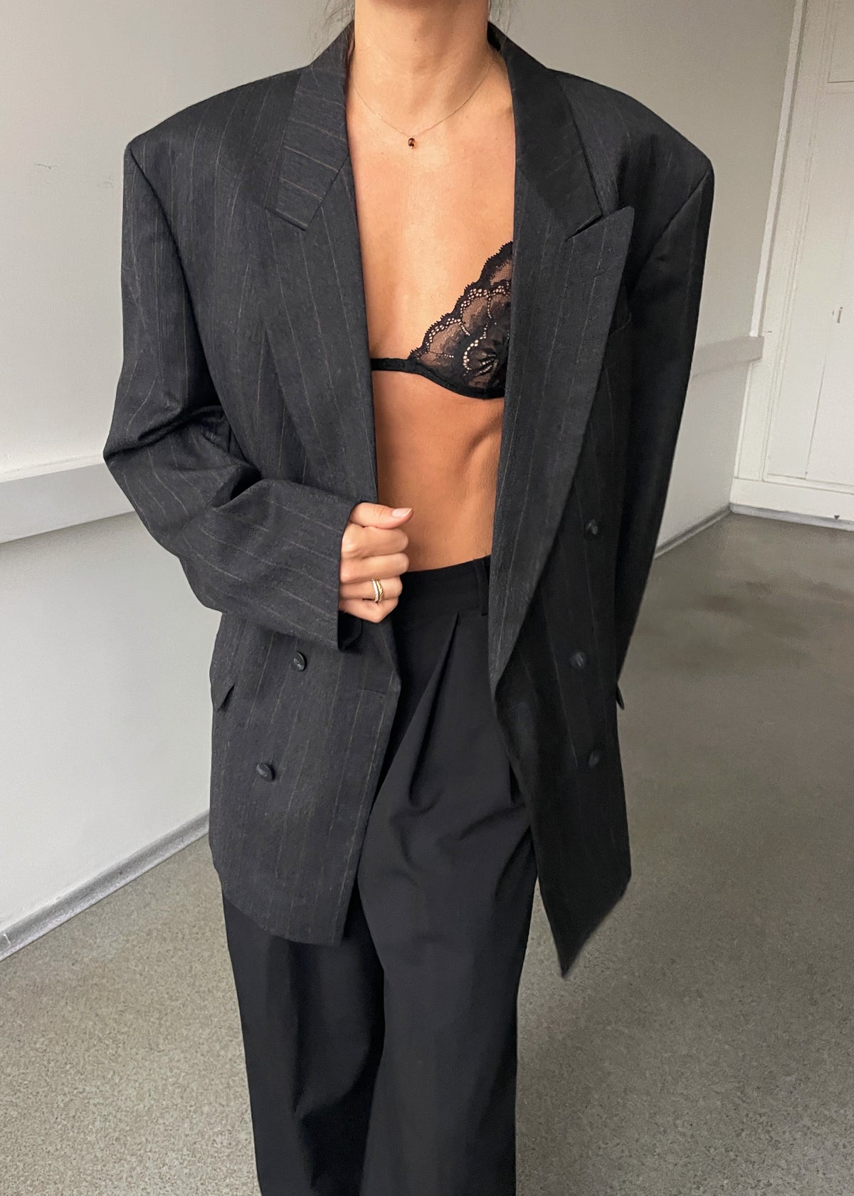 Vintage Grey and Brown Striped Double-Breasted Wool Blazer, view 4