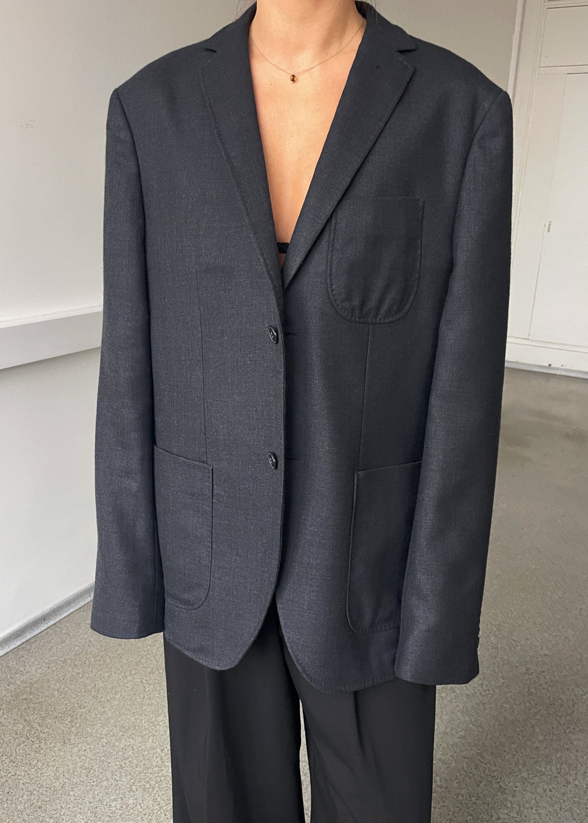 Vintage Riley Black Dark Grey Brushed Wool-Blend Blazer, view 1