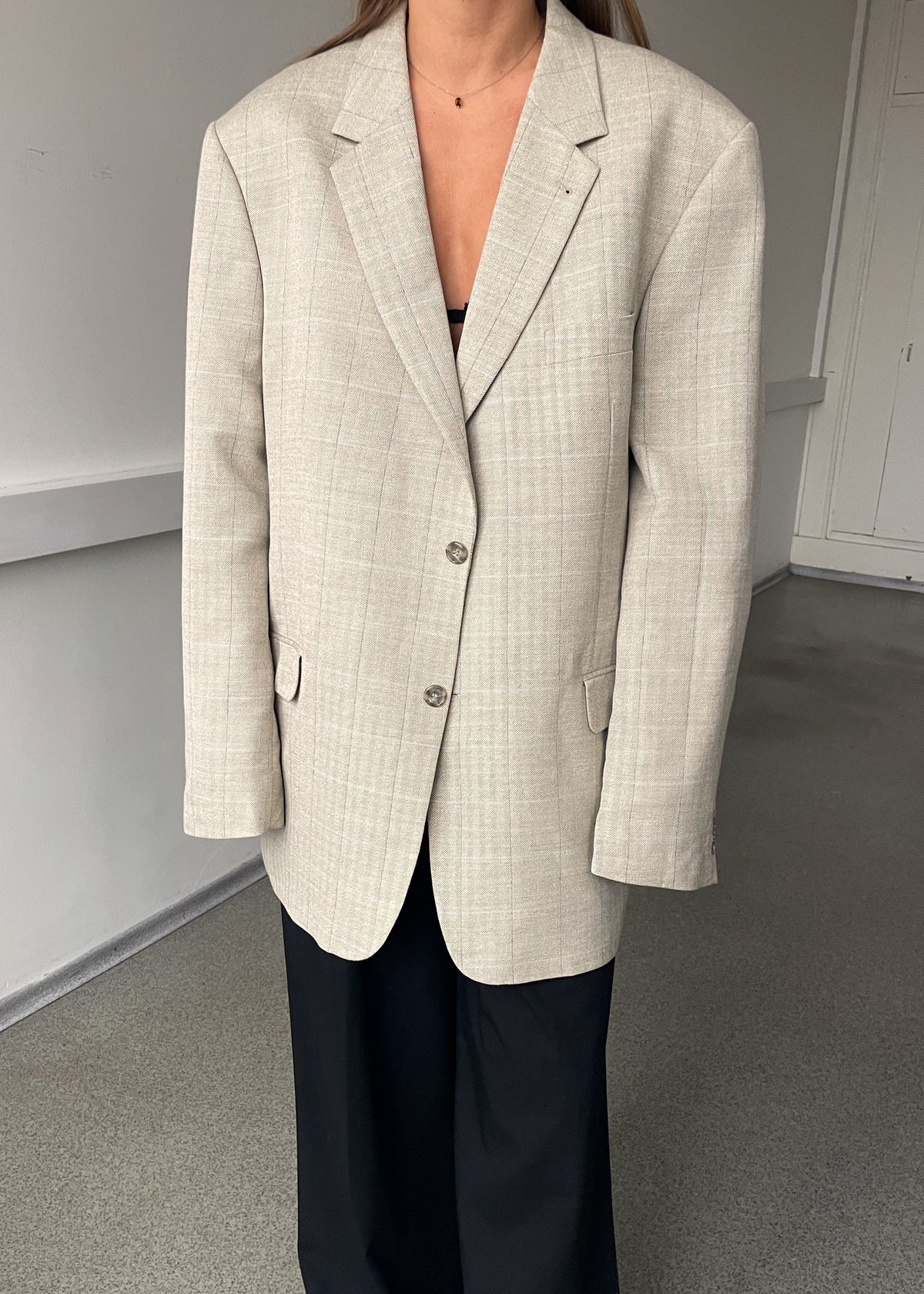 Vintage Beige Herringbone Blue Checked Wool and Linen Blend Blazer, view 1