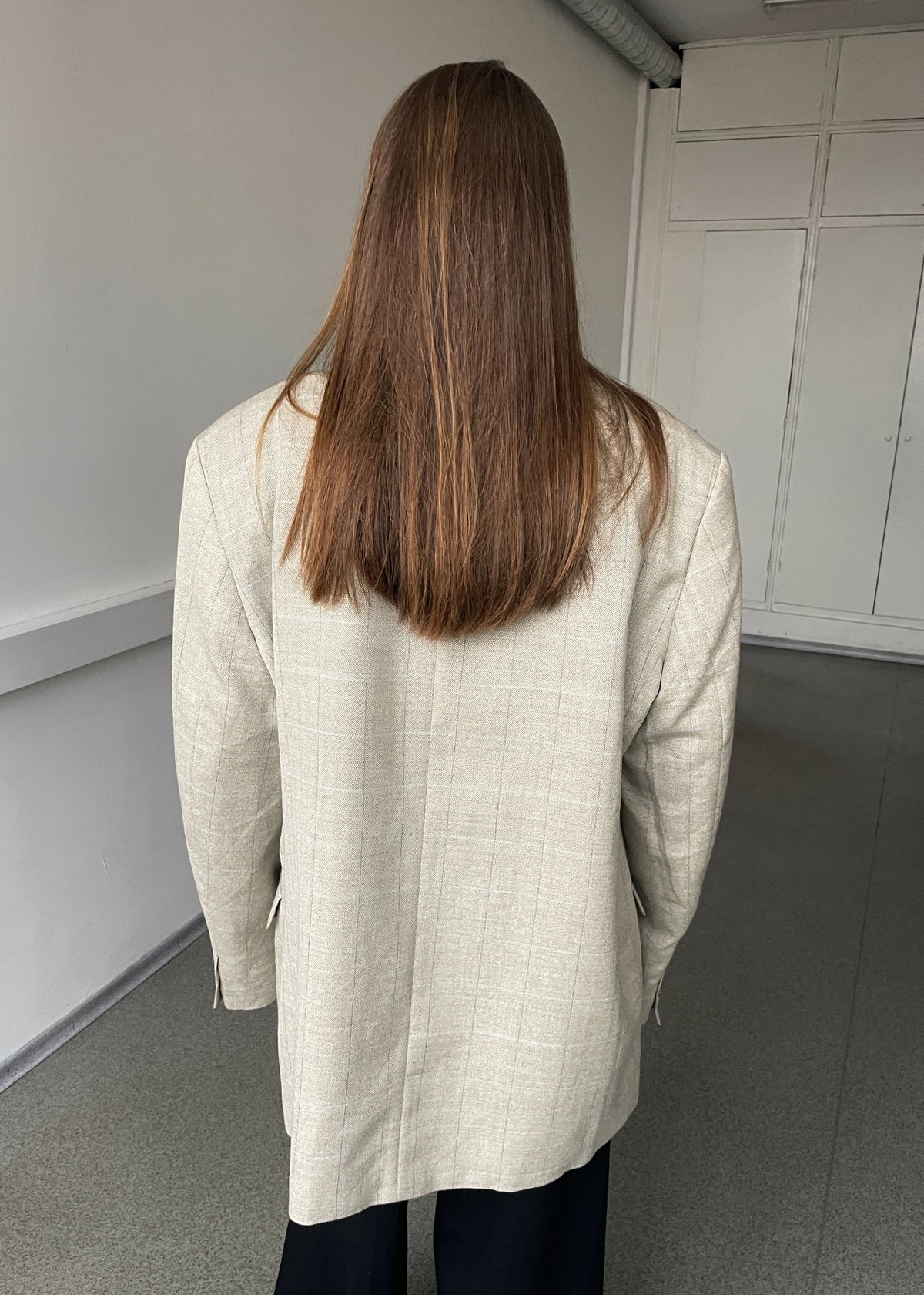 Vintage Beige Herringbone Blue Checked Wool and Linen Blend Blazer, view 5