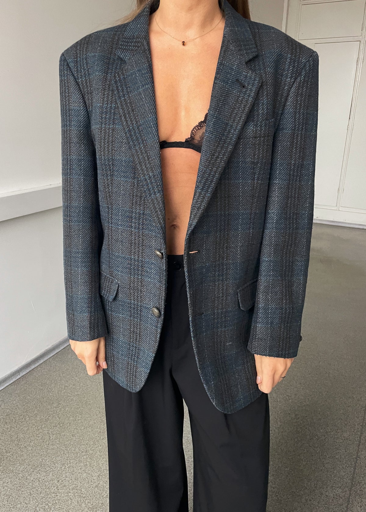Vintage Blue Multicoloured Checked Wool-Blend Blazer, view 1