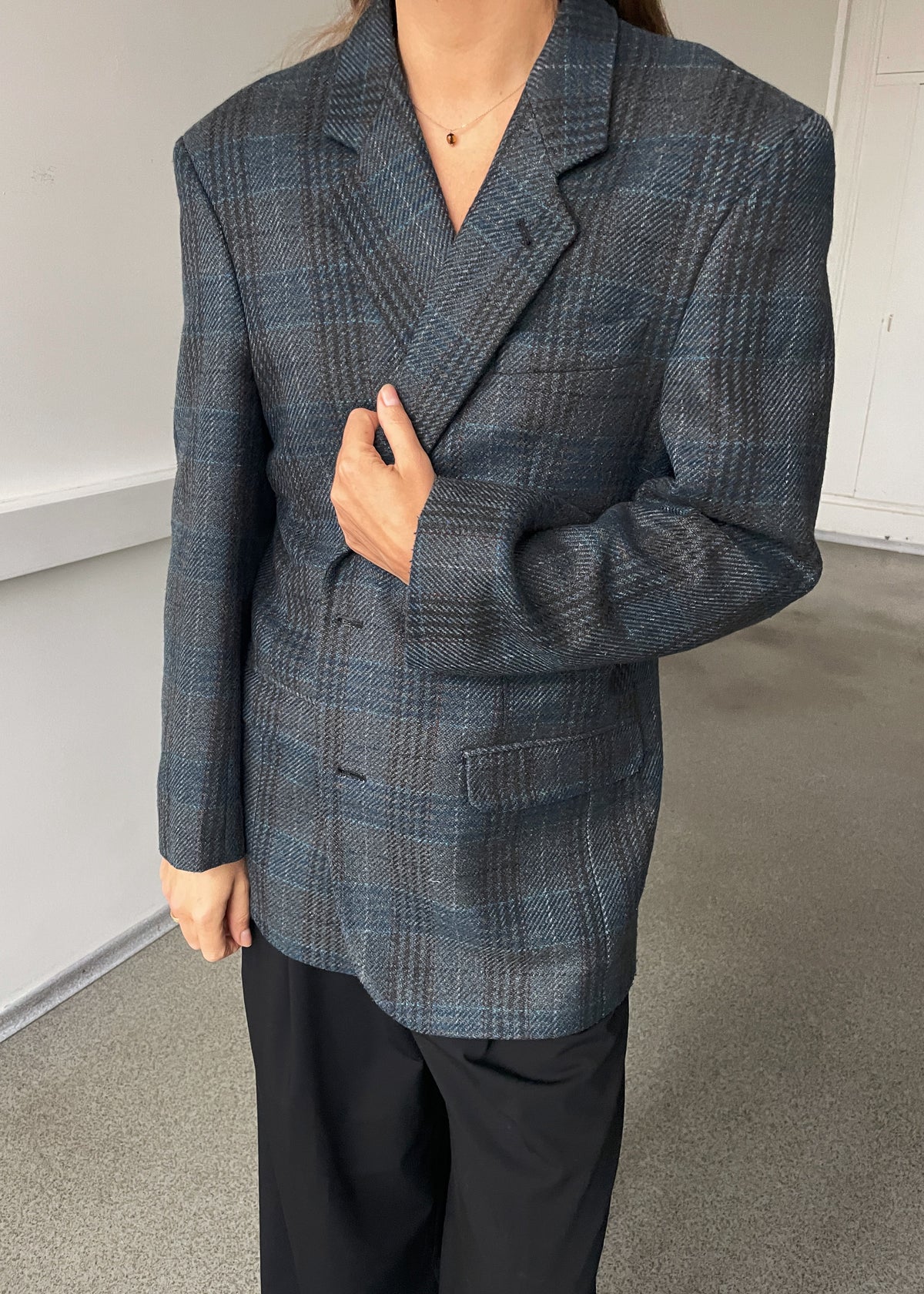 Vintage Blue Multicoloured Checked Wool-Blend Blazer, view 4