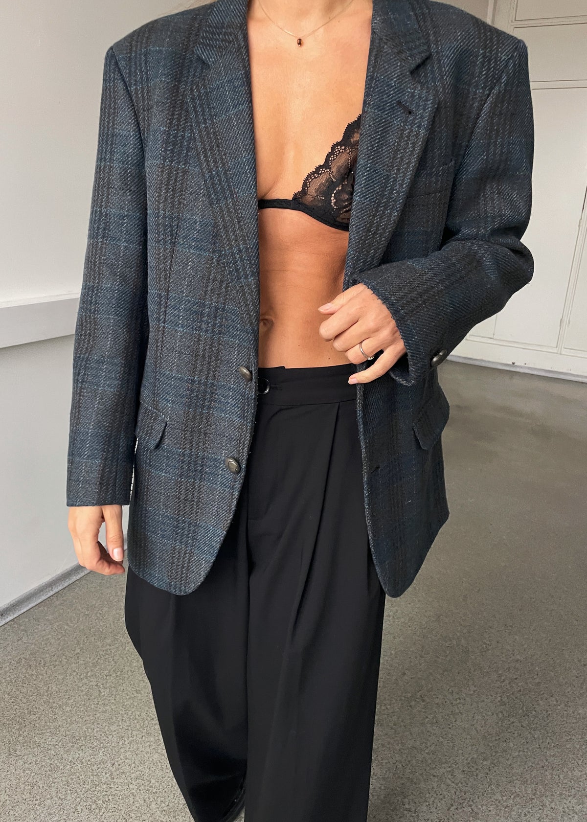 Vintage Blue Multicoloured Checked Wool-Blend Blazer, view 5
