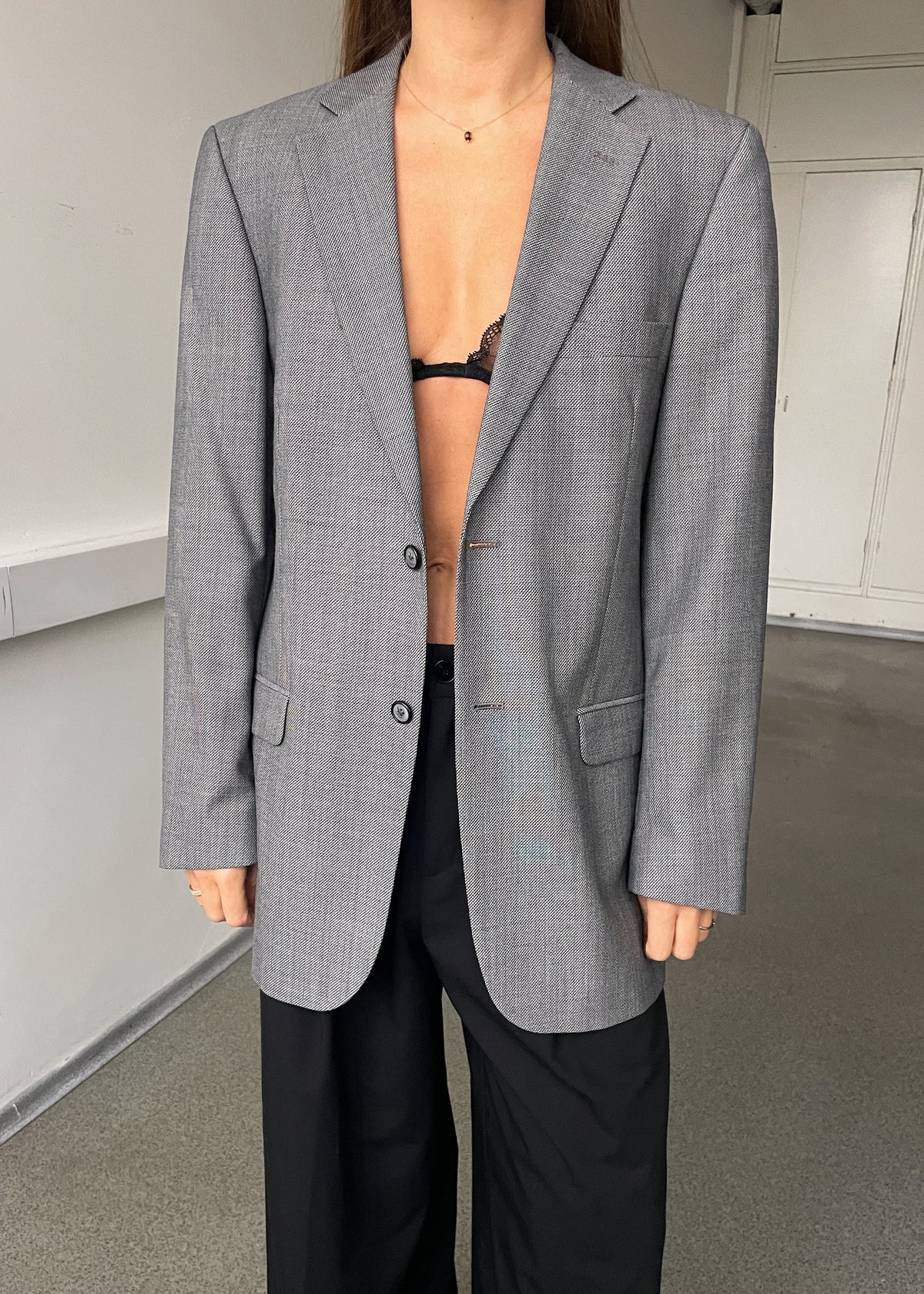 Vintage Light Grey Patterned Wool-Blend Blazer, view 1