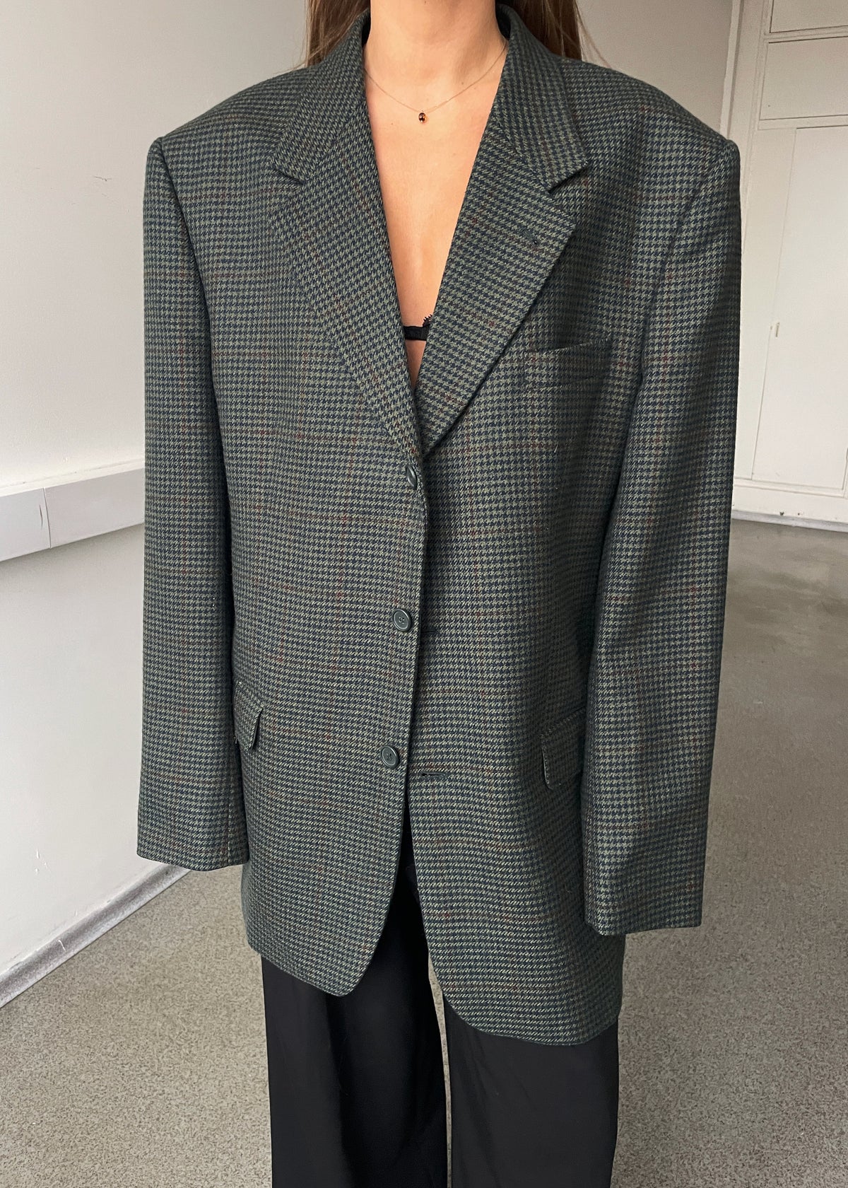 Vintage Green Multicoloured Houndstooth Wool-Blend Blazer, view 1