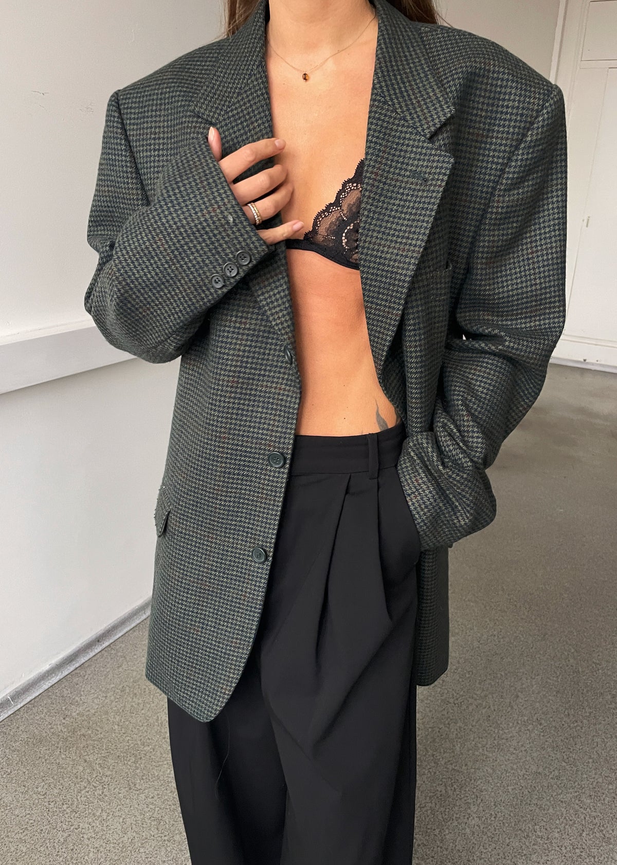 Vintage Green Multicoloured Houndstooth Wool-Blend Blazer, view 3