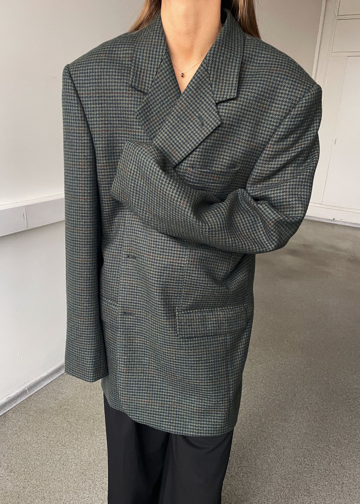 Vintage Green Multicoloured Houndstooth Wool-Blend Blazer, view 5