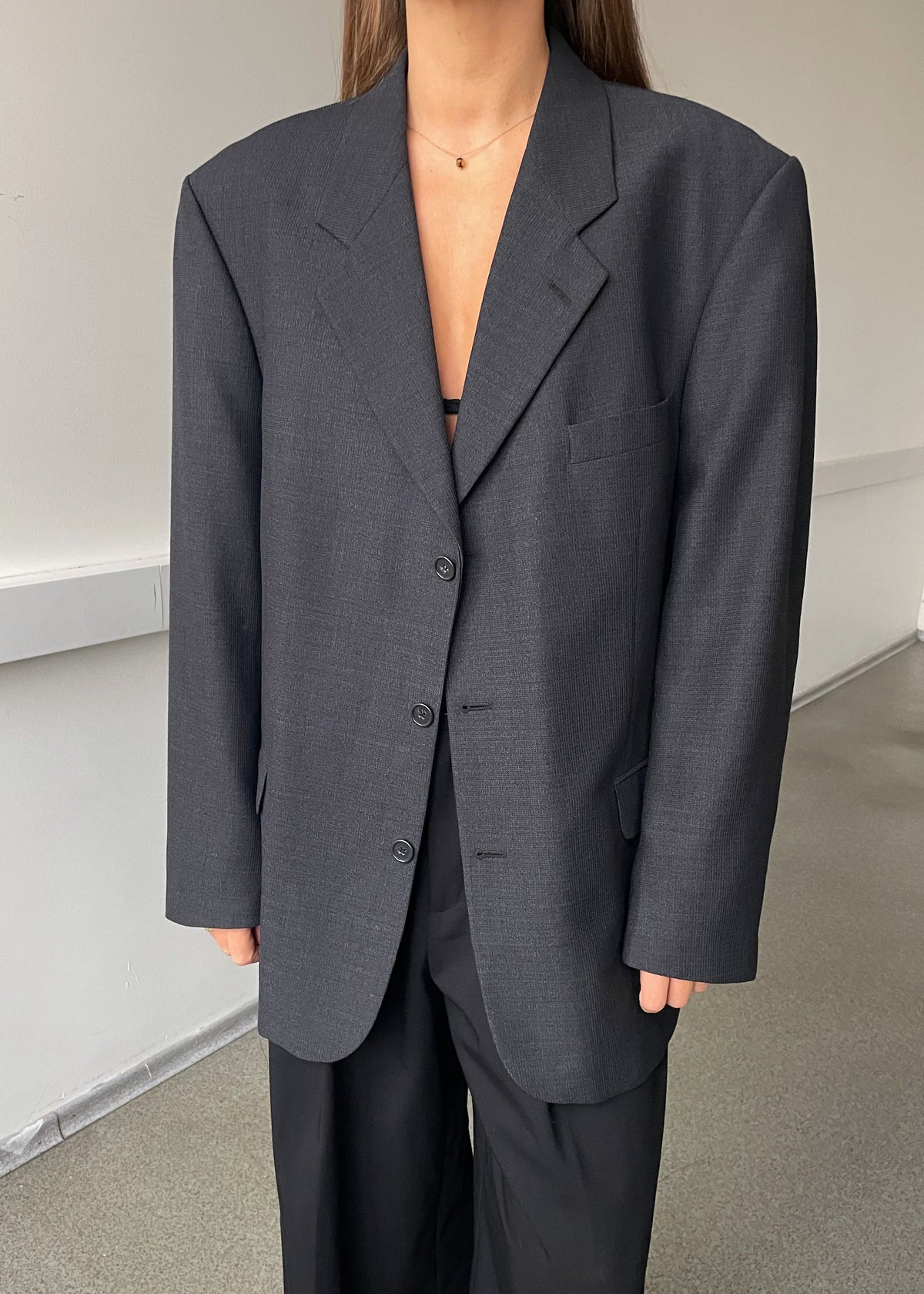 Vintage Dark Grey Patterned Wool-Blend Blazer, view 1