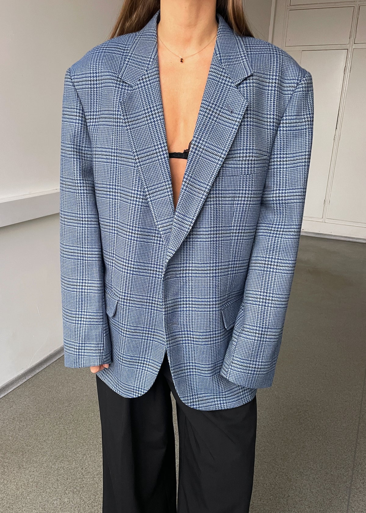 Vintage Light Blue Multicoloured Checked Pure Wool Blazer, view 1