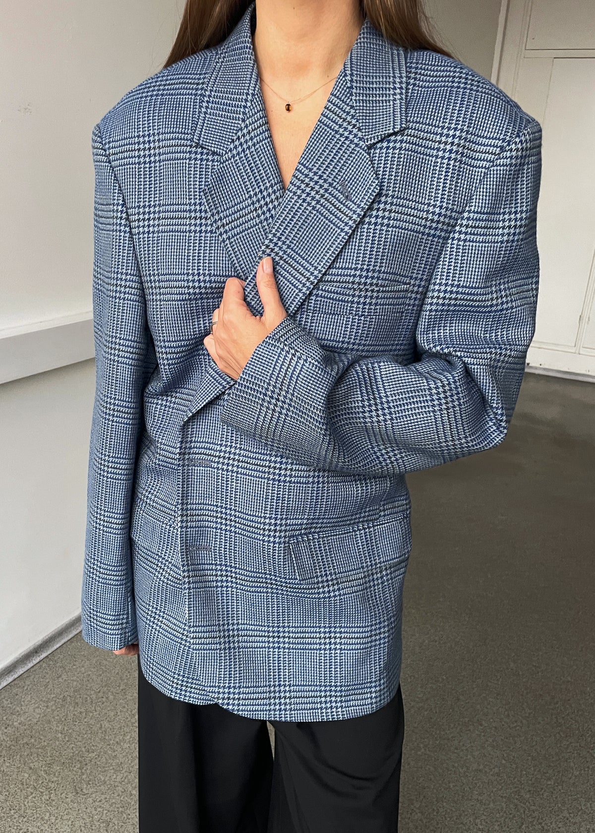 Vintage Light Blue Multicoloured Checked Pure Wool Blazer, view 4