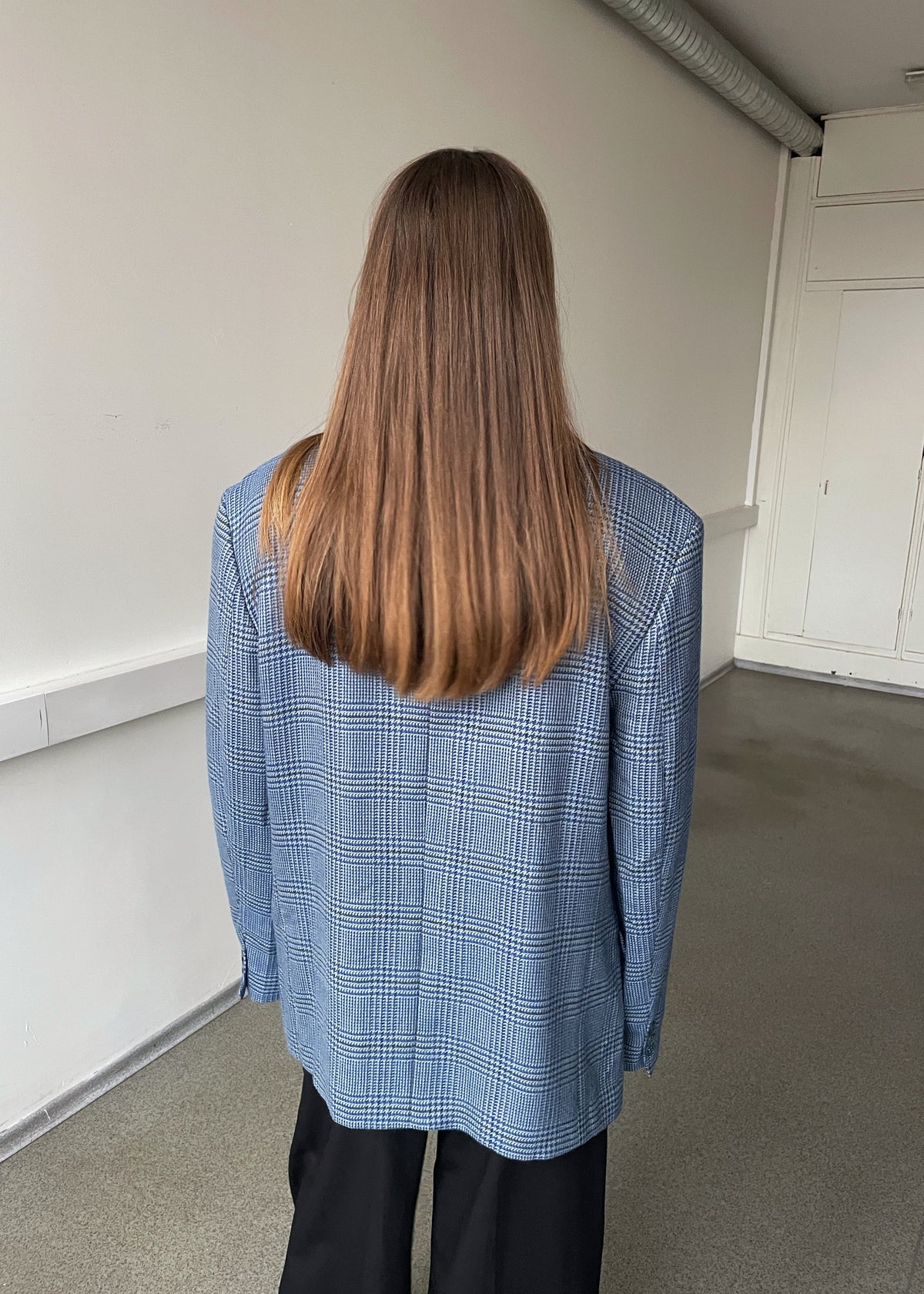 Vintage Light Blue Multicoloured Checked Pure Wool Blazer, view 5