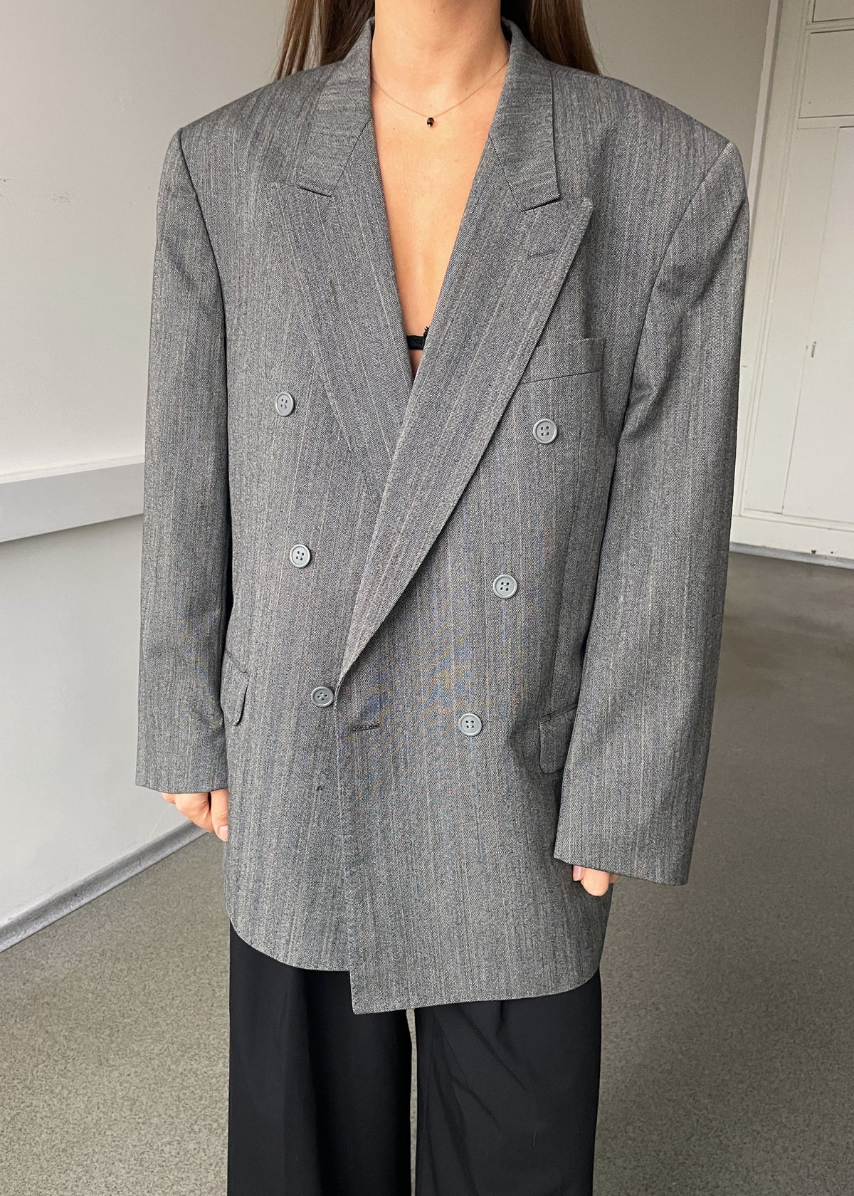 Vintage Voice Grey and Blue Striped Double-Breasted Wool Blazer, view 1