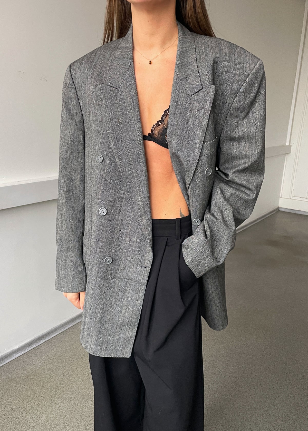 Vintage Voice Grey and Blue Striped Double-Breasted Wool Blazer, view 2