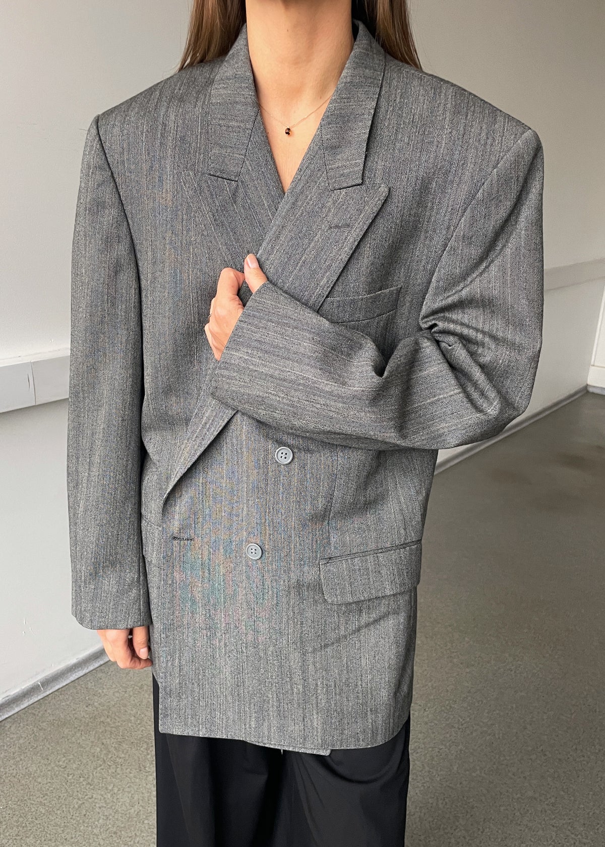 Vintage Voice Grey and Blue Striped Double-Breasted Wool Blazer, view 5