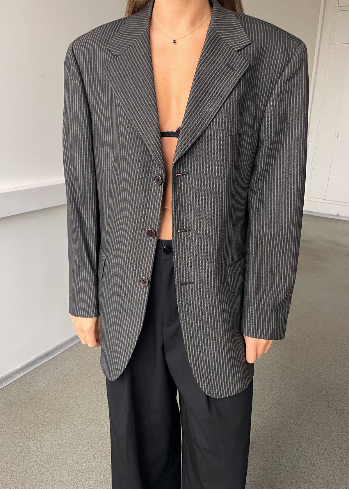 Vintage Peter Van Haland Grey Brown Striped Wool Blazer, view 1