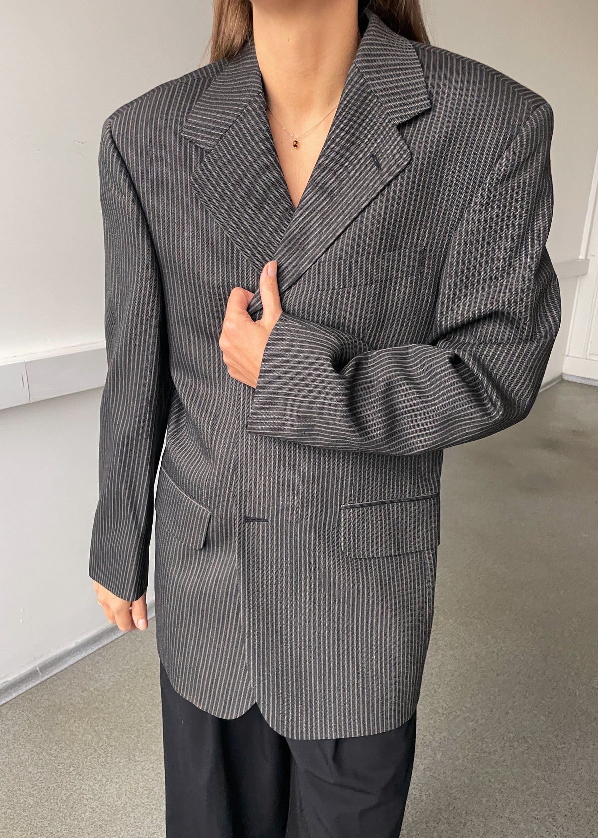 Vintage Peter Van Haland Grey Brown Striped Wool Blazer, view 4
