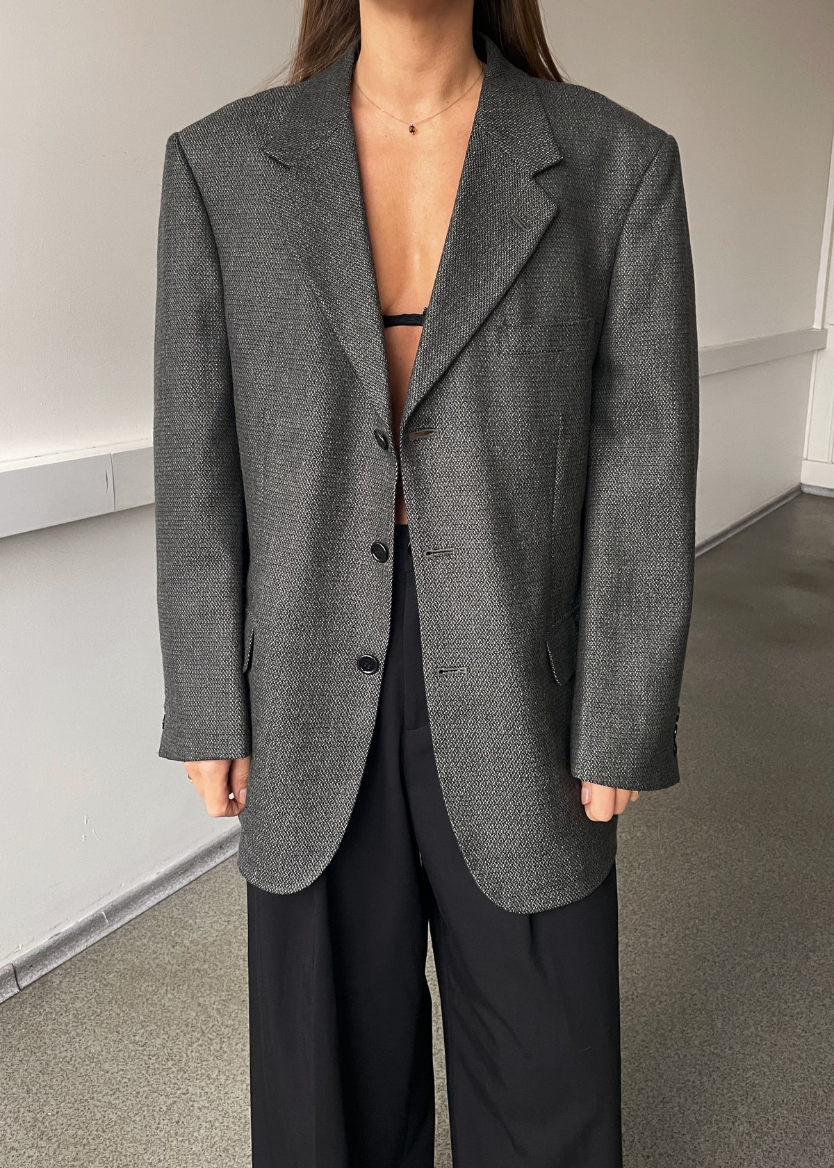 Vintage Khaki Grey Wool Blend Oversized Blazer, view 1