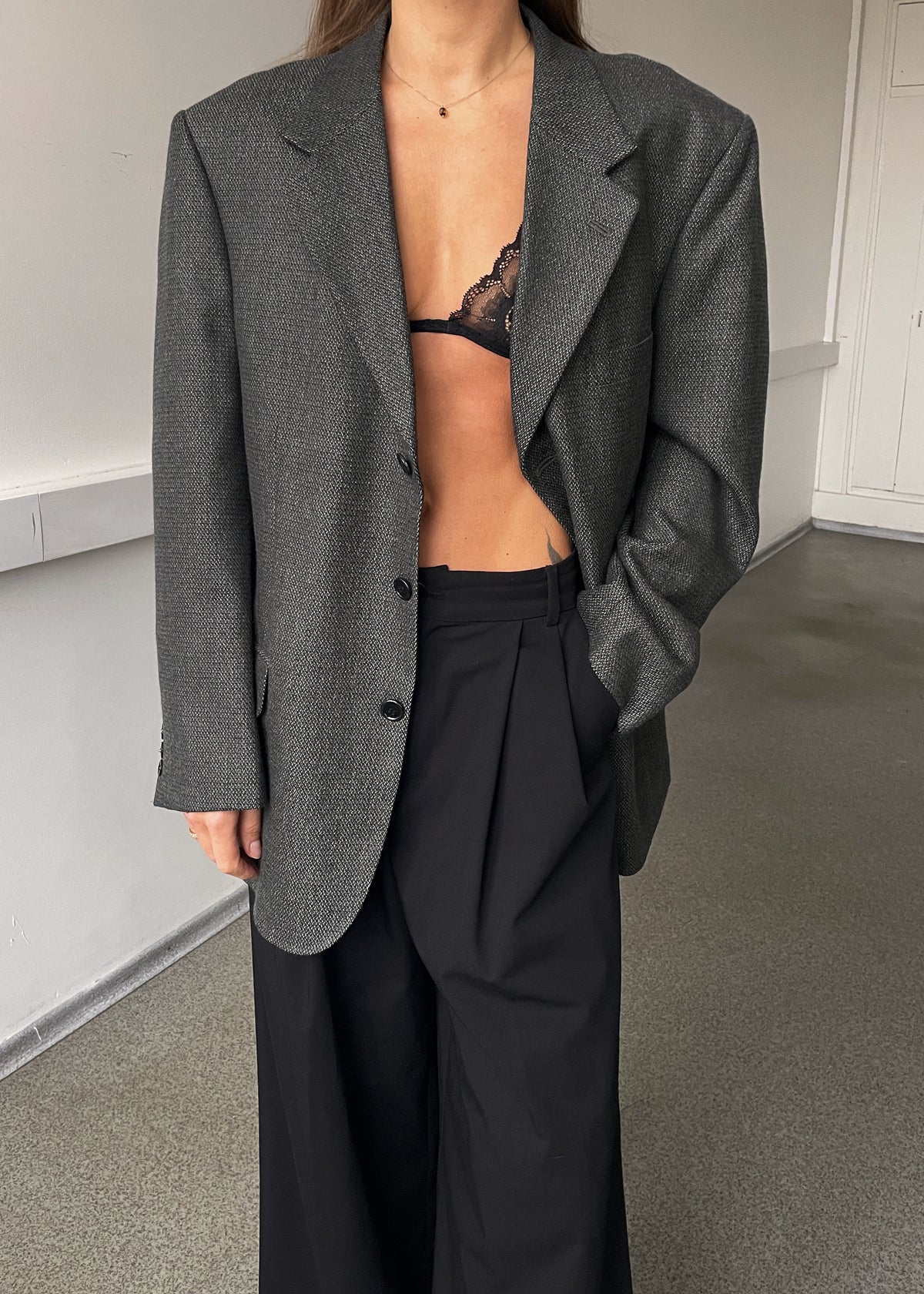 Vintage Khaki Grey Wool Blend Oversized Blazer, view 2