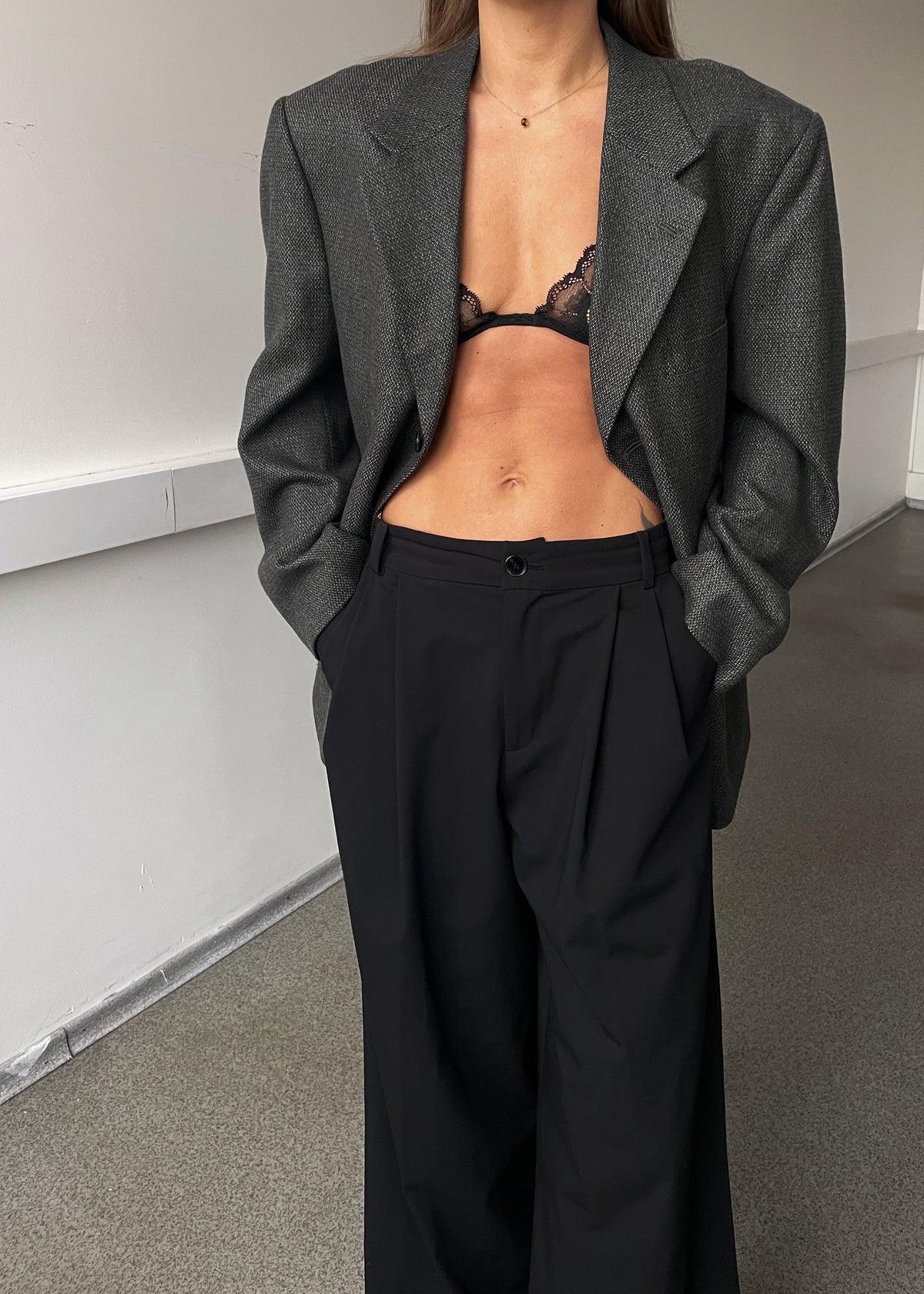 Vintage Khaki Grey Wool Blend Oversized Blazer, view 3