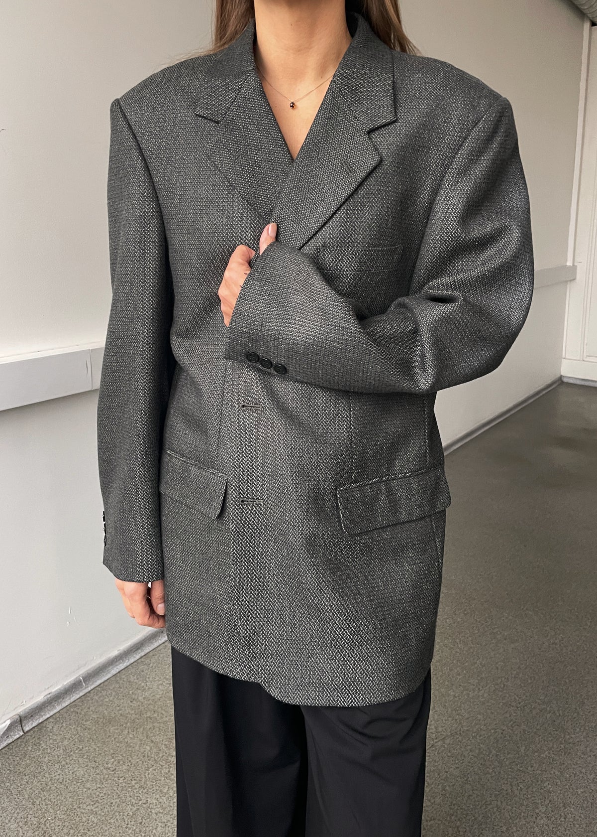 Vintage Khaki Grey Wool Blend Oversized Blazer, view 5
