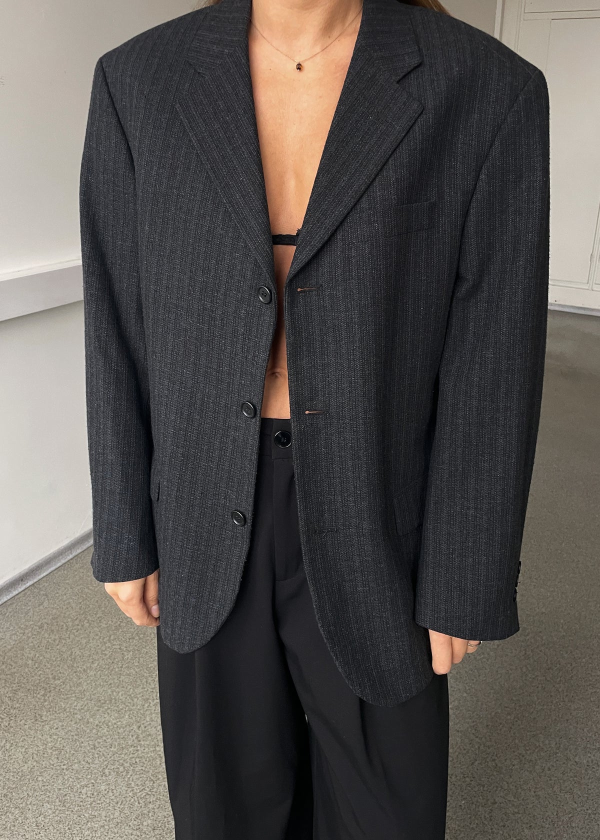 Vintage Grey Striped Wool Blend Oversized Blazer, view 1