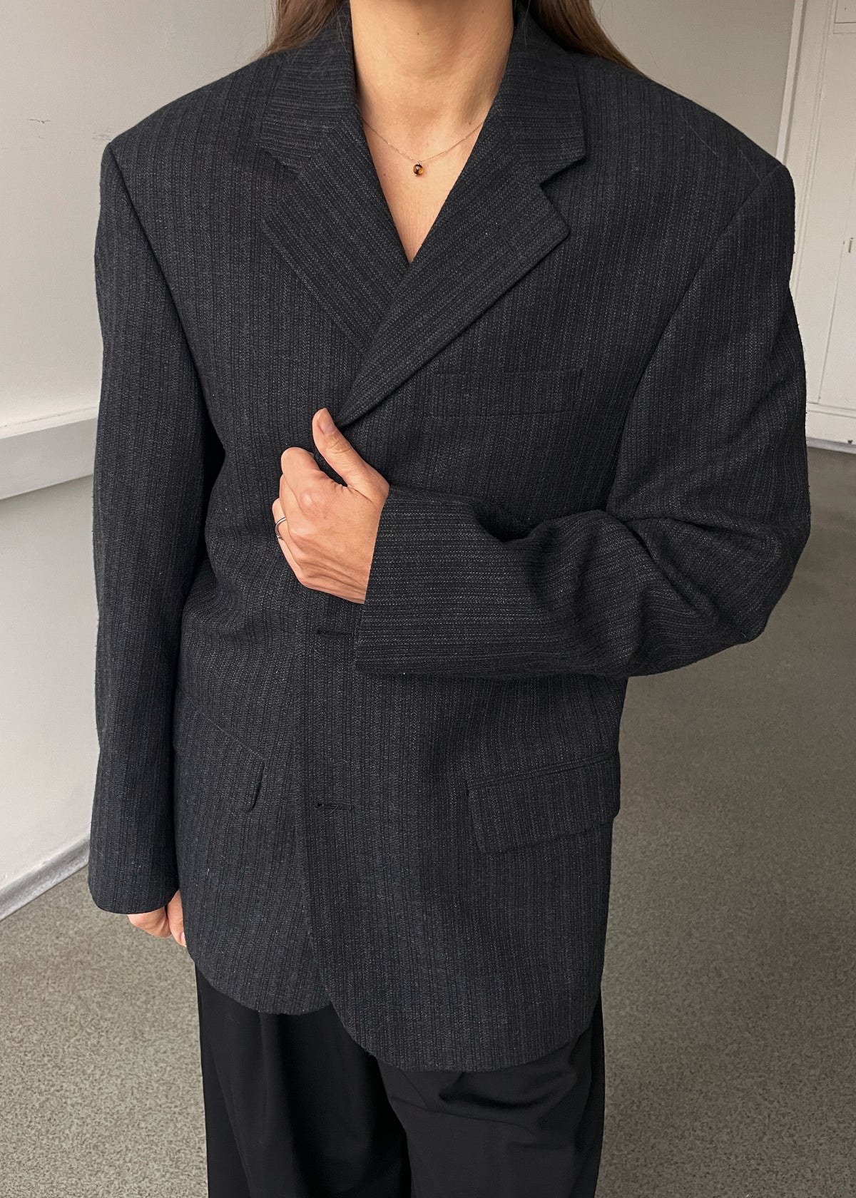 Vintage Grey Striped Wool Blend Oversized Blazer, view 4