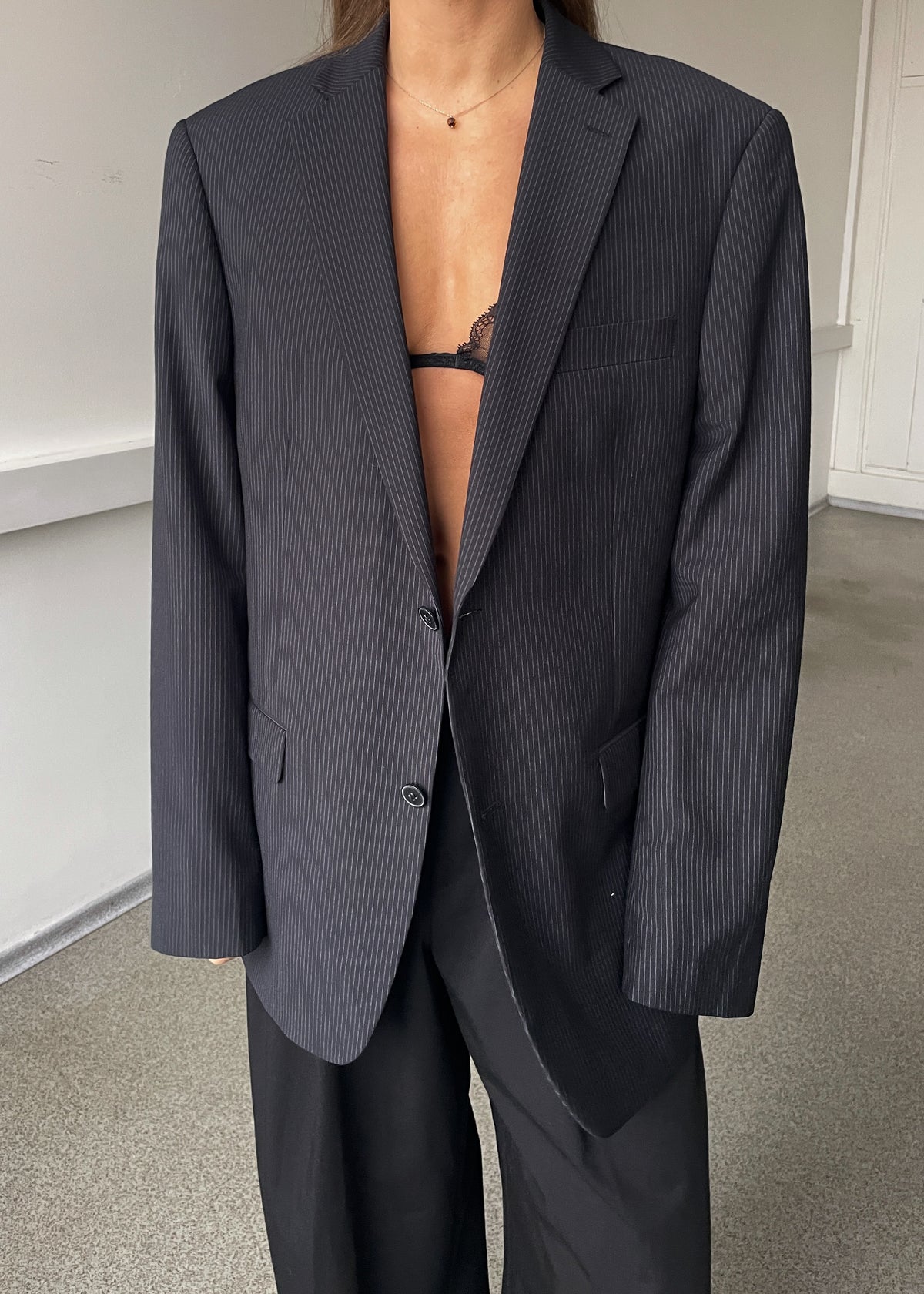 Vintage Navy Blue Striped Oversized Blazer, view 1