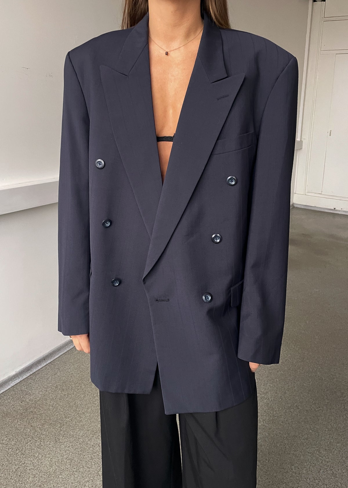 Vintage Navy Blue Double-Breasted Striped Wool Blend Oversized Blazer, view 1