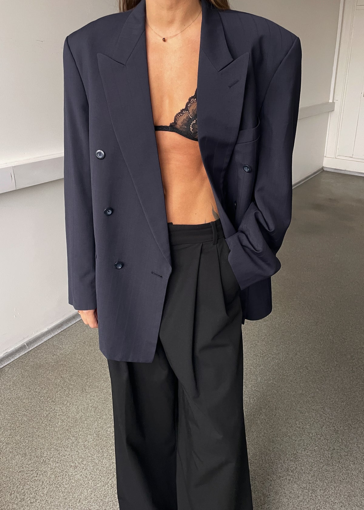 Vintage Navy Blue Double-Breasted Striped Wool Blend Oversized Blazer, view 2