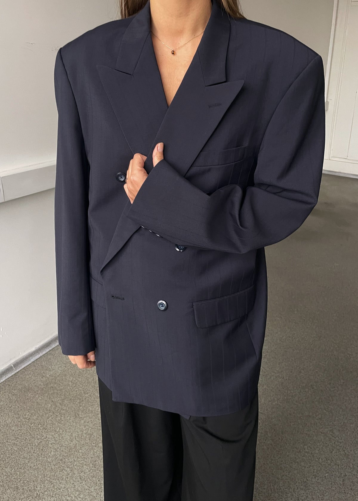 Vintage Navy Blue Double-Breasted Striped Wool Blend Oversized Blazer, view 4