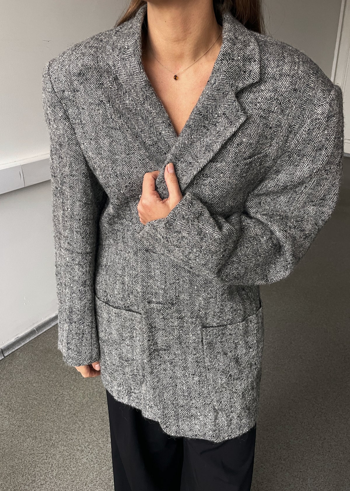 Vintage Grey Herringbone Wool Blend Oversized Blazer, view 4