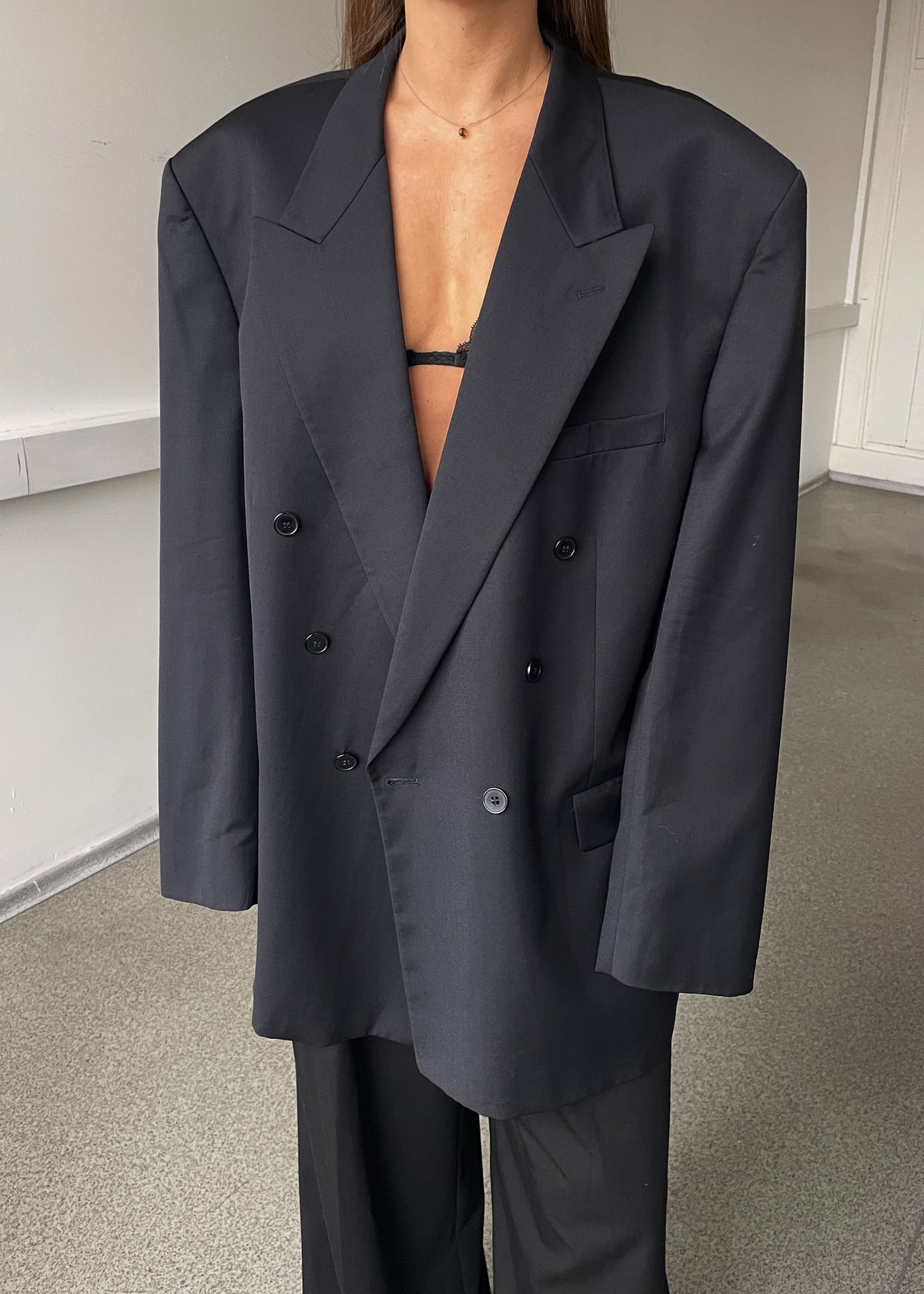 Vintage Navy Blue Double-Breasted Wool Oversized Blazer, view 1