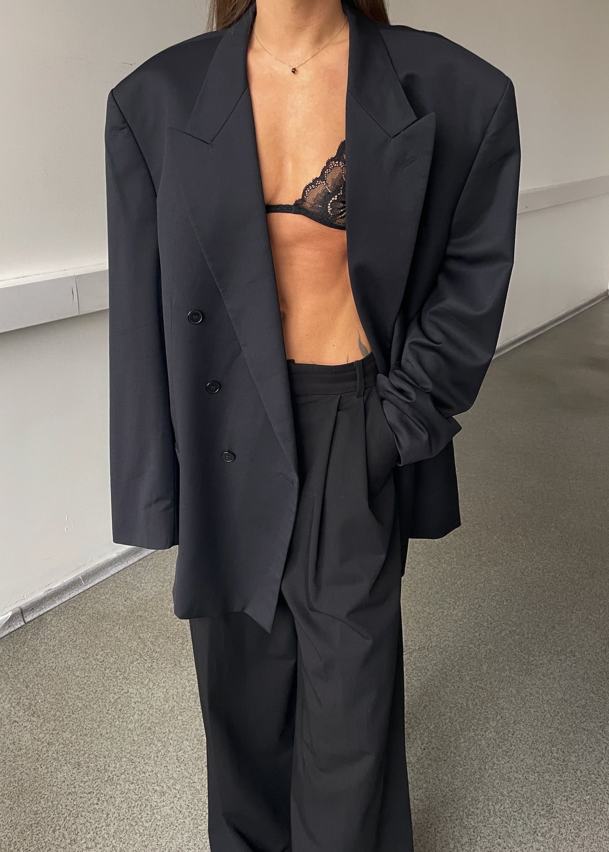 Vintage Navy Blue Double-Breasted Wool Oversized Blazer, view 2
