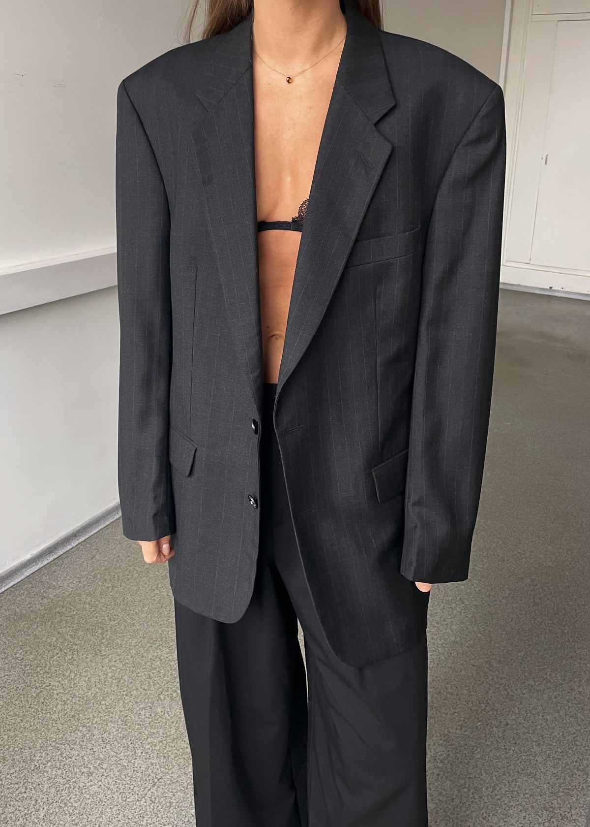 Vintage Dark Grey Subtle Stripe Wool Oversized Blazer, view 1