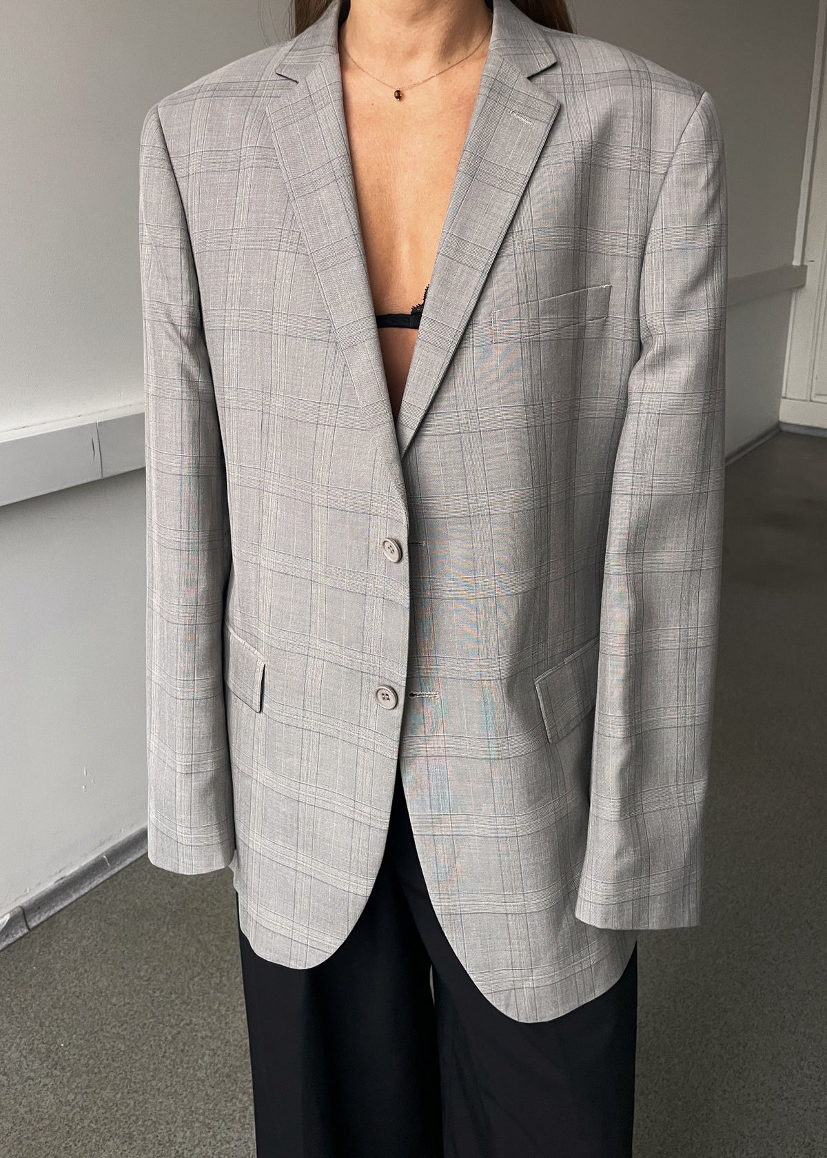 Vintage Grey Yellow and Blue Checked Oversized Blazer, view 1