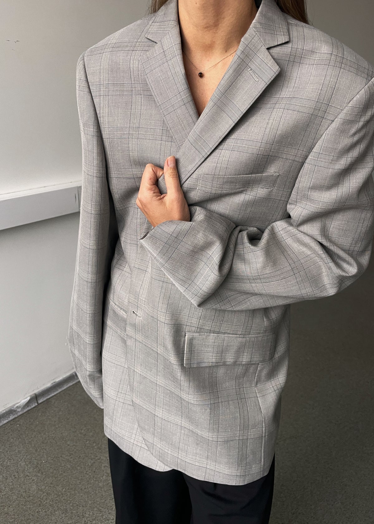 Vintage Grey Yellow and Blue Checked Oversized Blazer, view 4