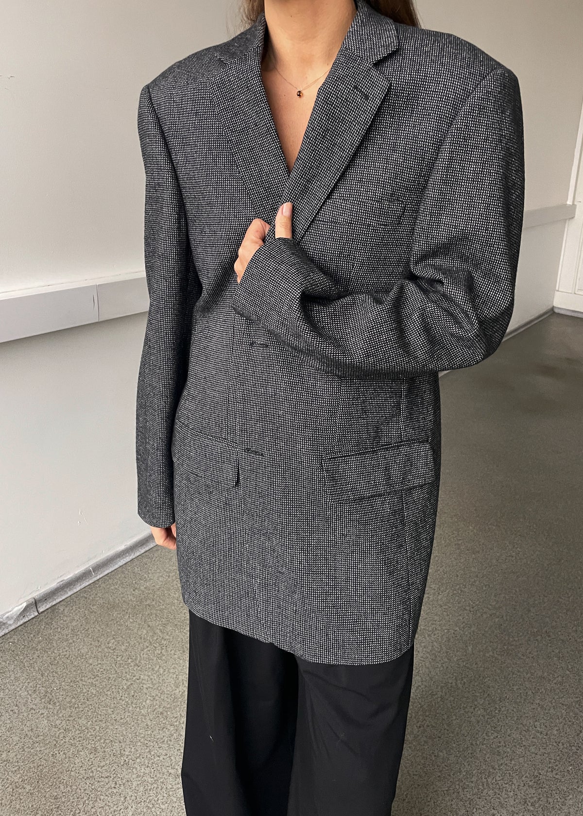Vintage Grey Patterned Wool Blend Oversized Blazer, view 4