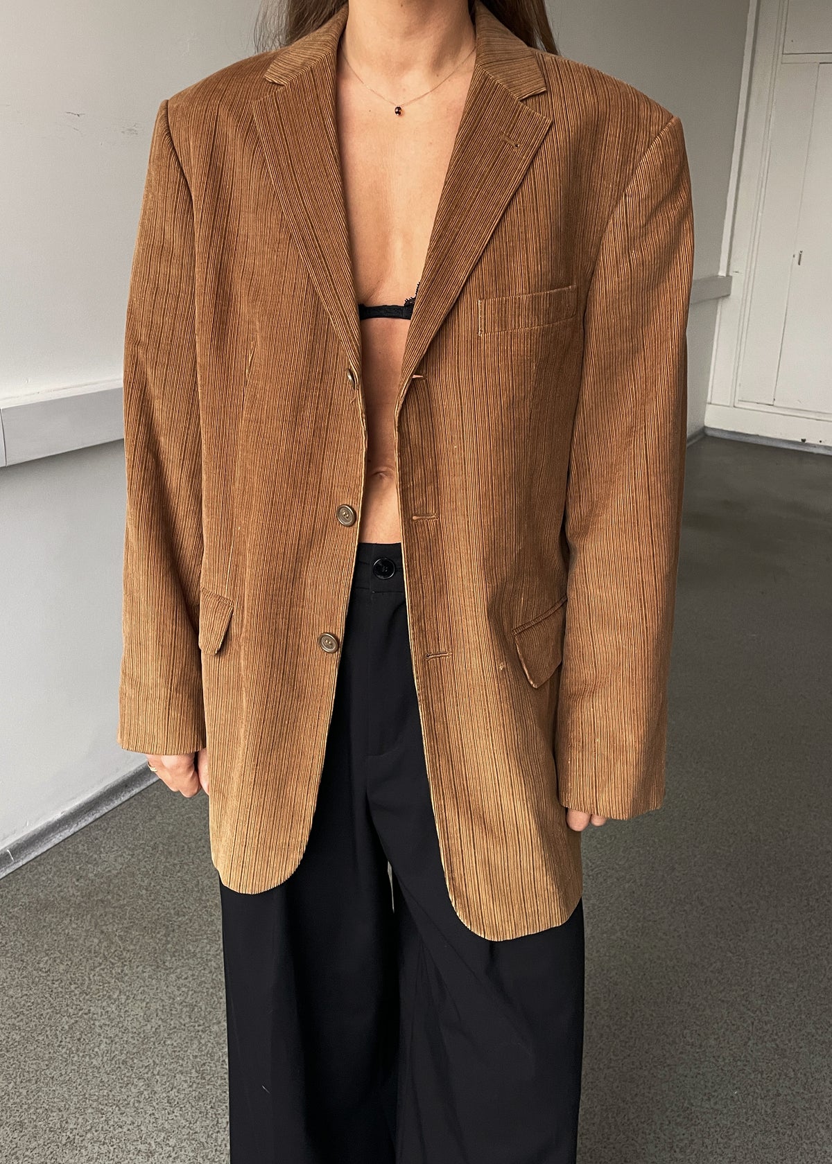 Vintage Brown Striped Cotton Corduroy Oversized Blazer, view 1