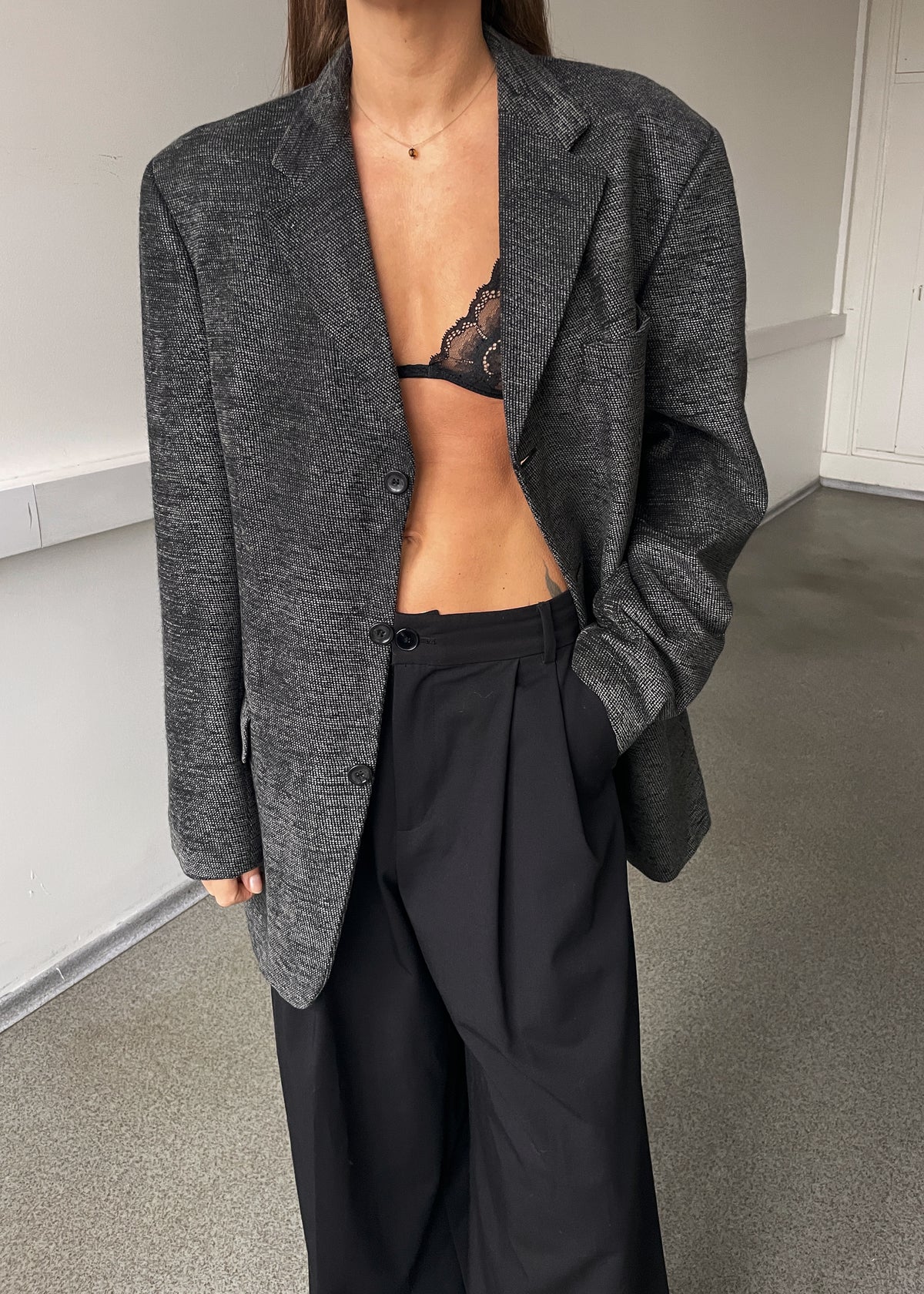 Vintage Grey Velvety Wool Blend Oversized Blazer, view 2