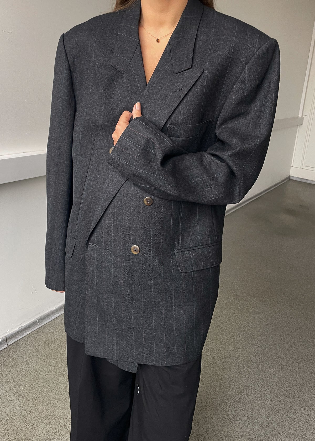 Vintage Dark Grey Double-Breasted Striped Wool Blend Oversized Blazer, view 3