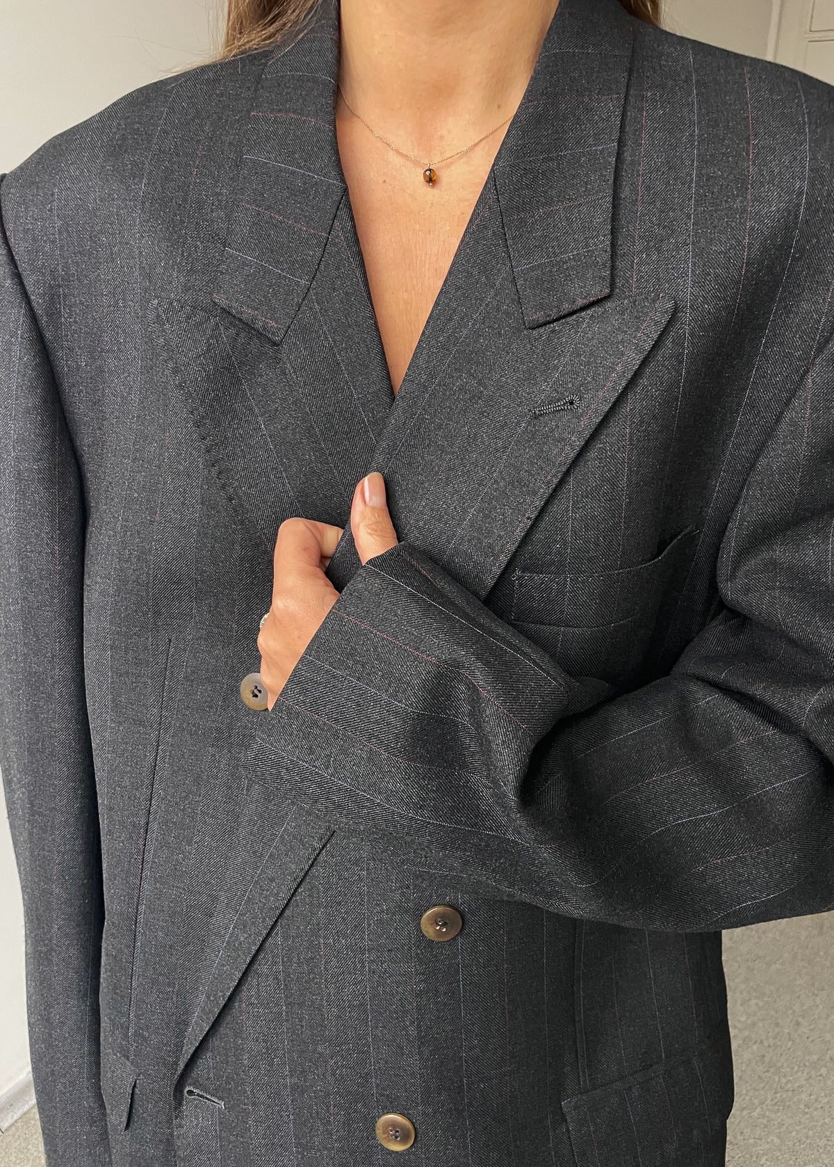 Vintage Dark Grey Double-Breasted Striped Wool Blend Oversized Blazer, view 4