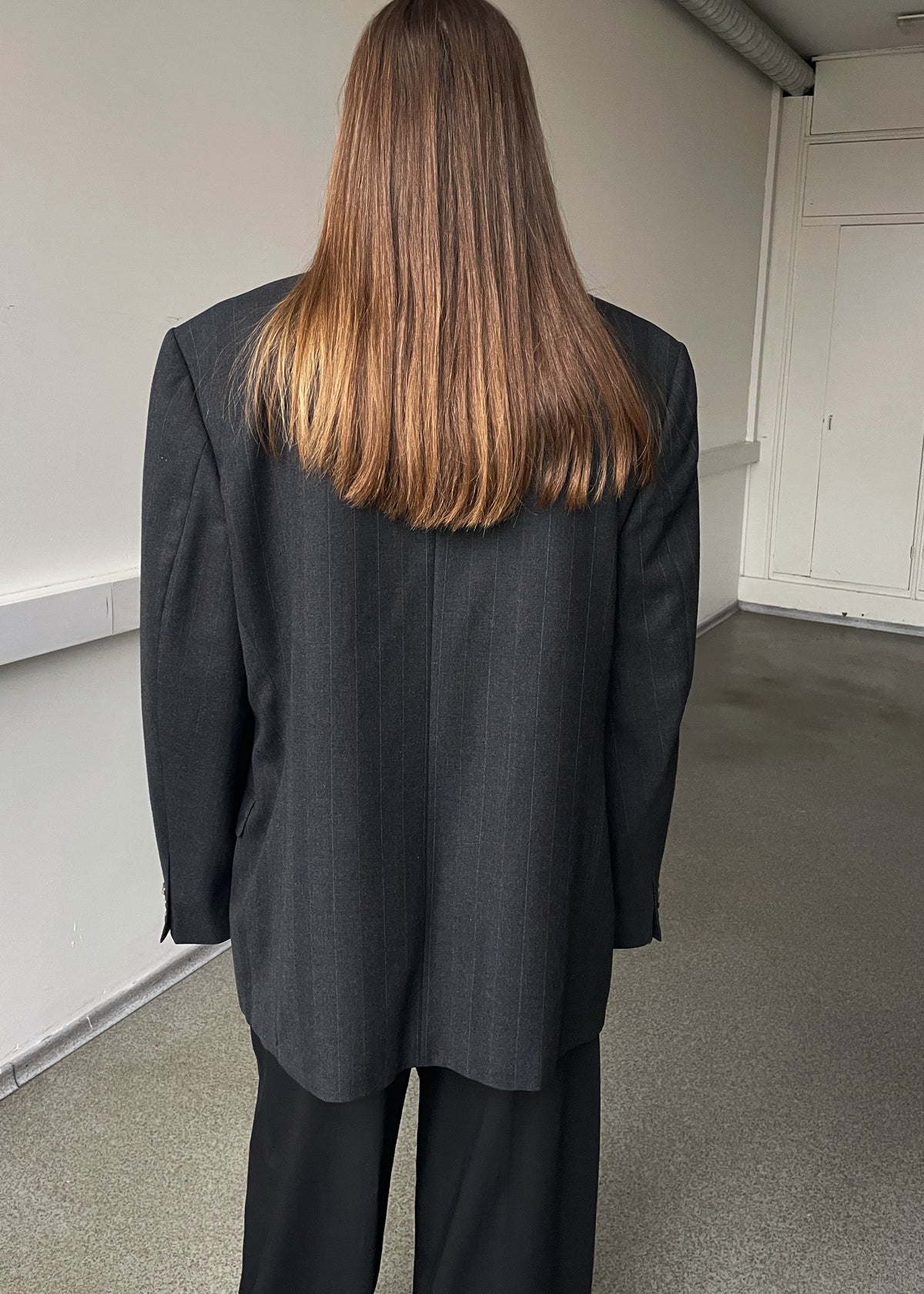 Vintage Dark Grey Double-Breasted Striped Wool Blend Oversized Blazer, view 5