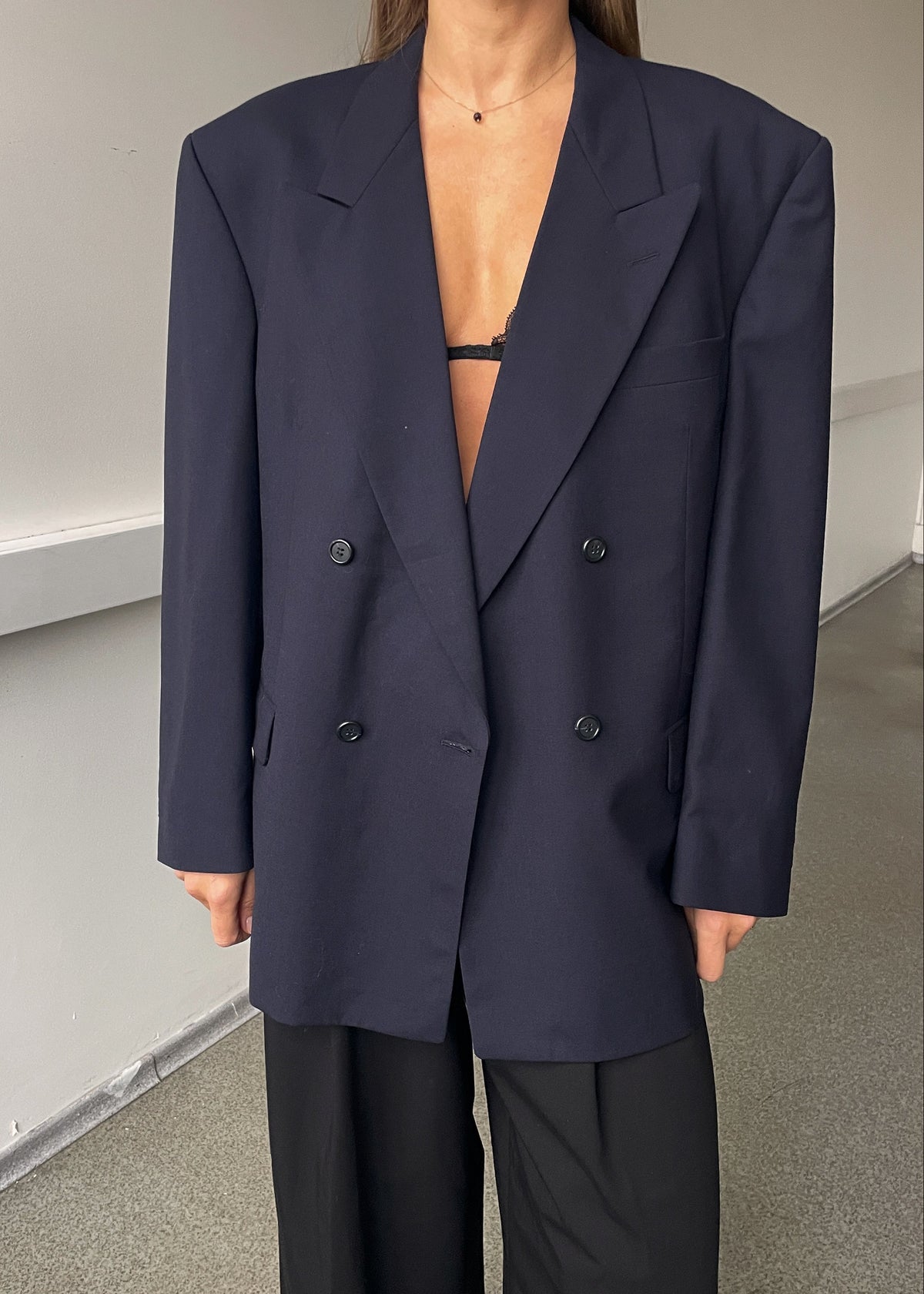 Vintage Navy Blue Double-Breasted Wool Oversized Blazer, view 1