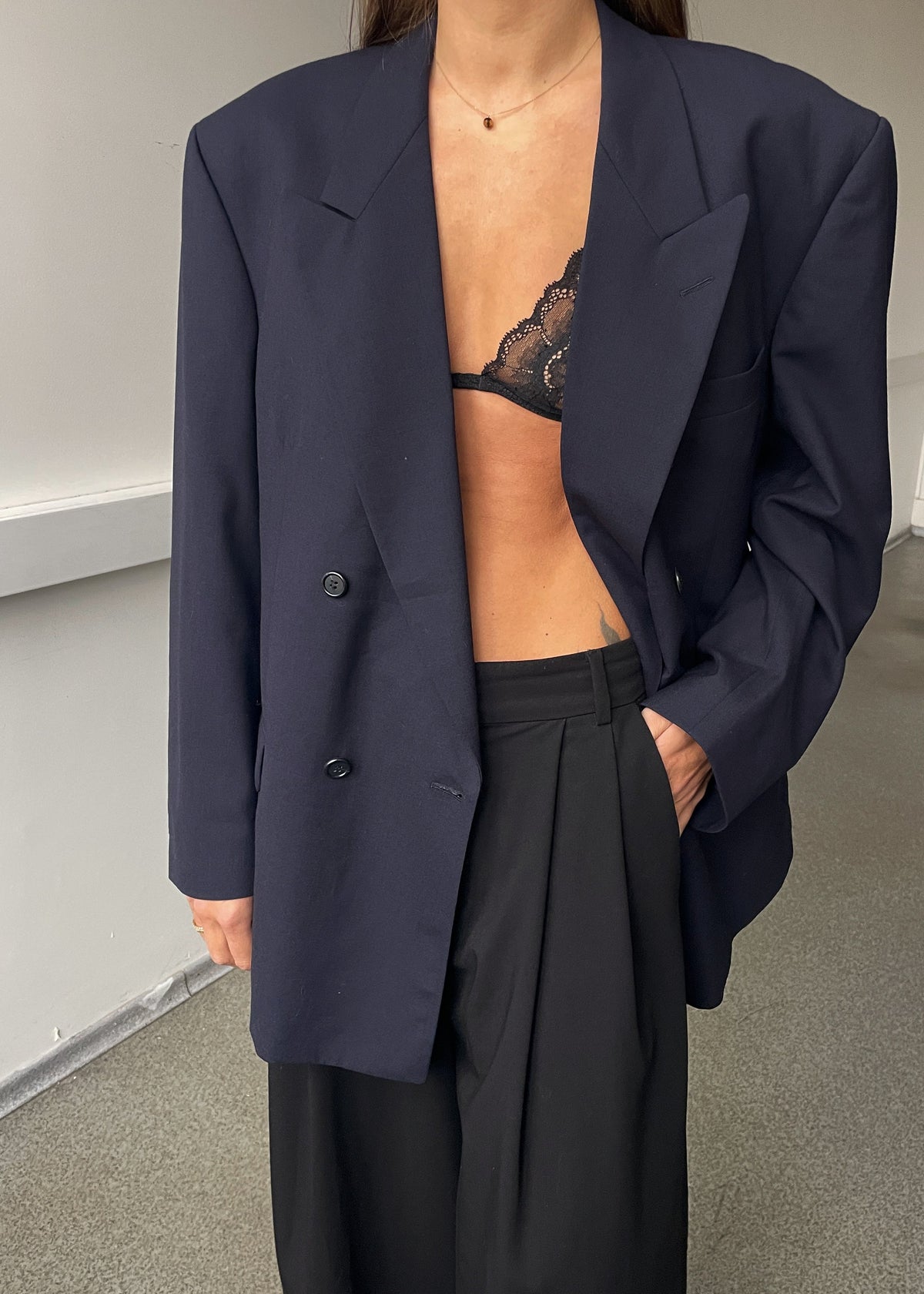 Vintage Navy Blue Double-Breasted Wool Oversized Blazer, view 2