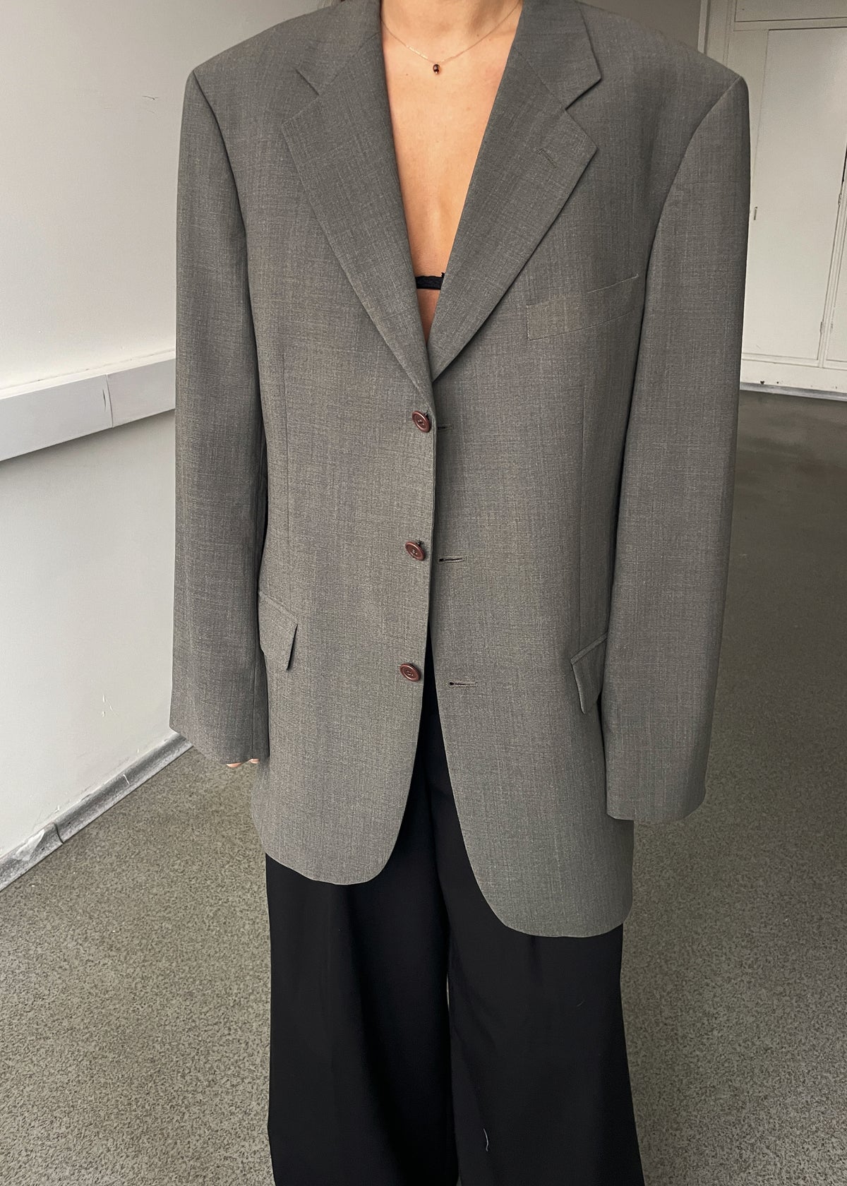 Vintage Marks and Spencer Khaki Grey Wool Blend Oversized Blazer, view 1