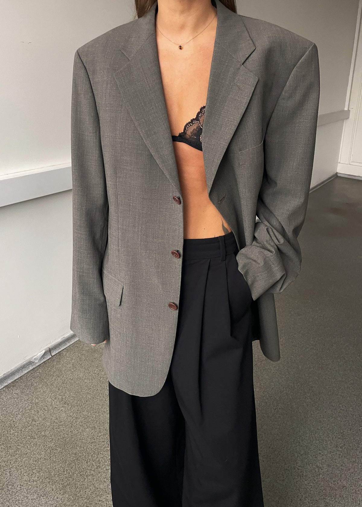 Vintage Marks and Spencer Khaki Grey Wool Blend Oversized Blazer, view 2