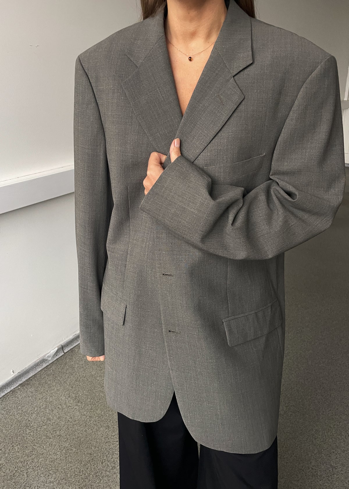 Vintage Marks and Spencer Khaki Grey Wool Blend Oversized Blazer, view 4