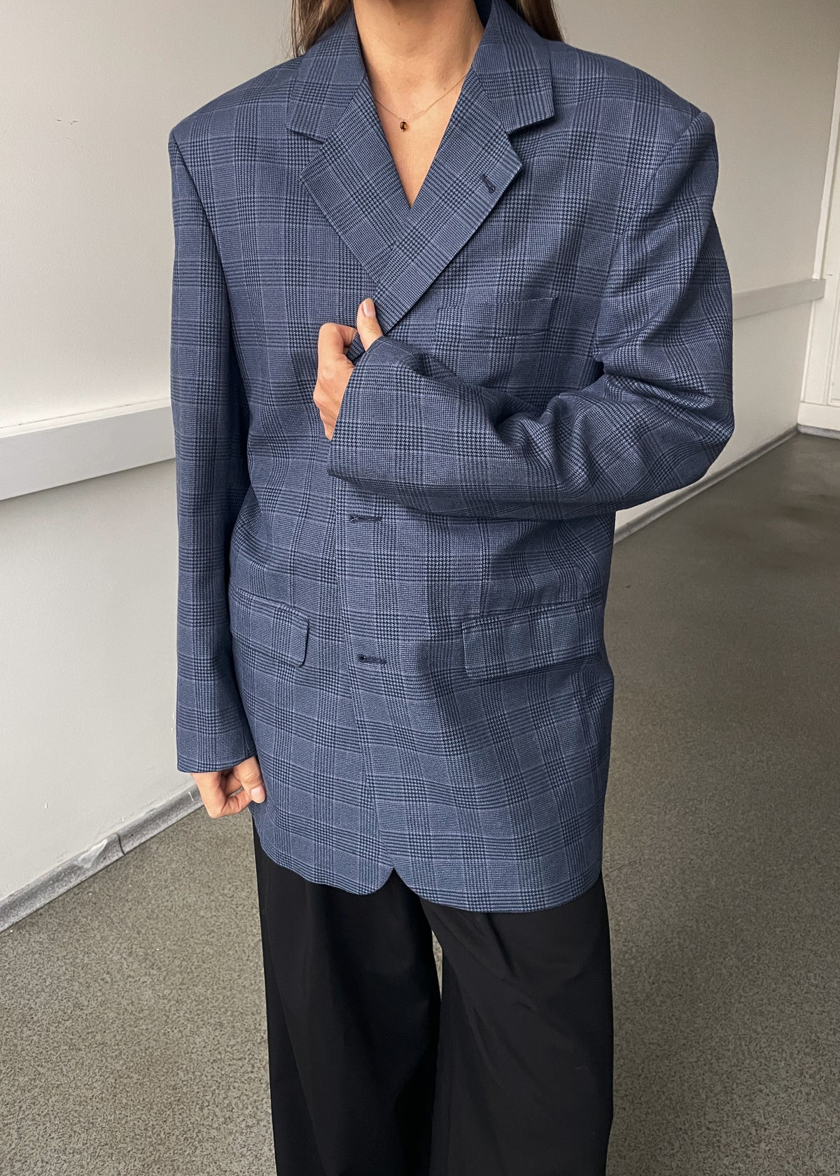 Vintage Blue Dogtooth Oversized Blazer, view 3