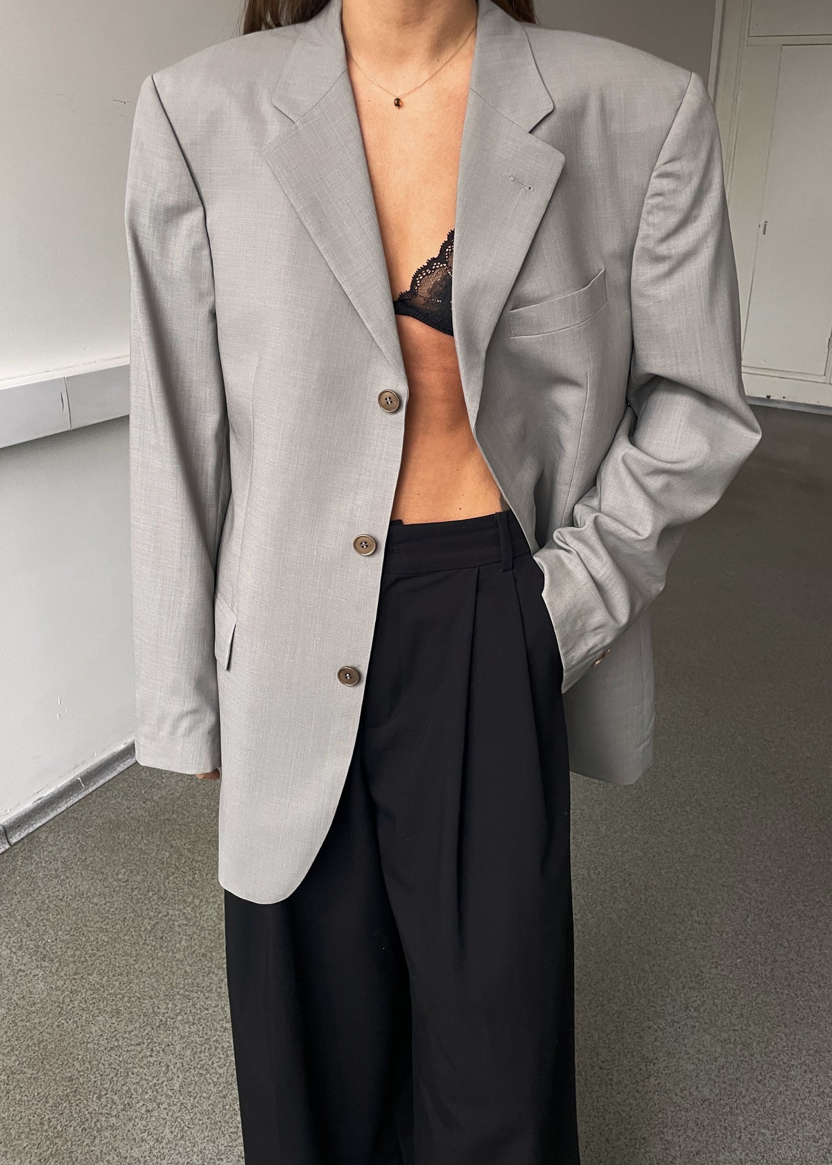Vintage Light Grey Classic Wool Oversized Blazer, view 2