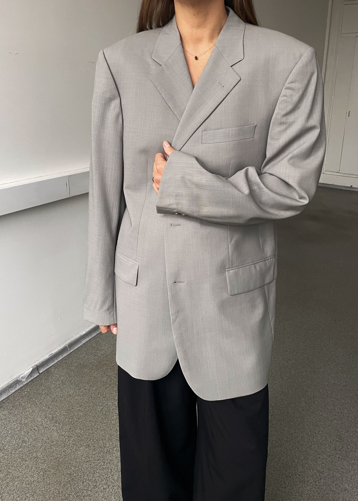 Vintage Light Grey Classic Wool Oversized Blazer, view 3